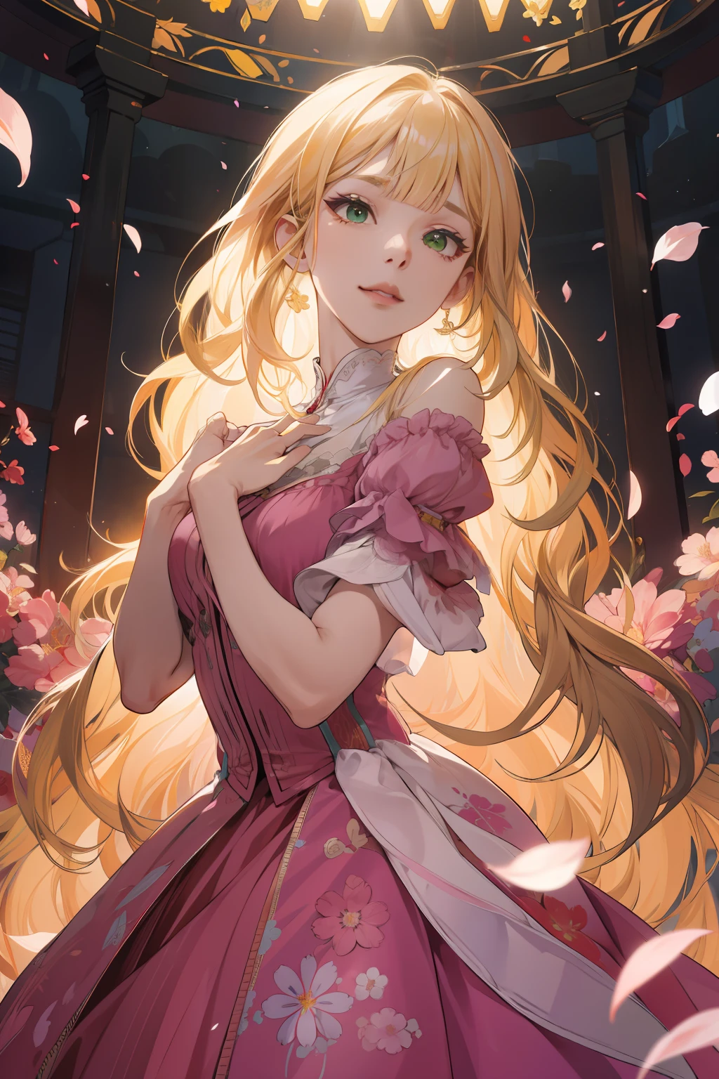 (absurdres, highres, ultra detailed), 1girl, mature female, wavy blonde hair, long hair, blunt bangs, green eyes, pink dress, finely detailed eyes and detailed face, extremely detailed CG unity 8k wallpaper, intricate details, BREAK , kaleidoscopic imagery, symmetrical patterns, vibrant colors, geometric shapes, mesmerizing designs, optical illusions, dynamic composition BREAK , pantomime art, expressive body language, silent storytelling, evocative gestures, visual narratives, theatrical performances BREAK , blooming flowers, colorful petals, fragrant scents, nature's bounty, vibrant gardens, peaceful scenery
