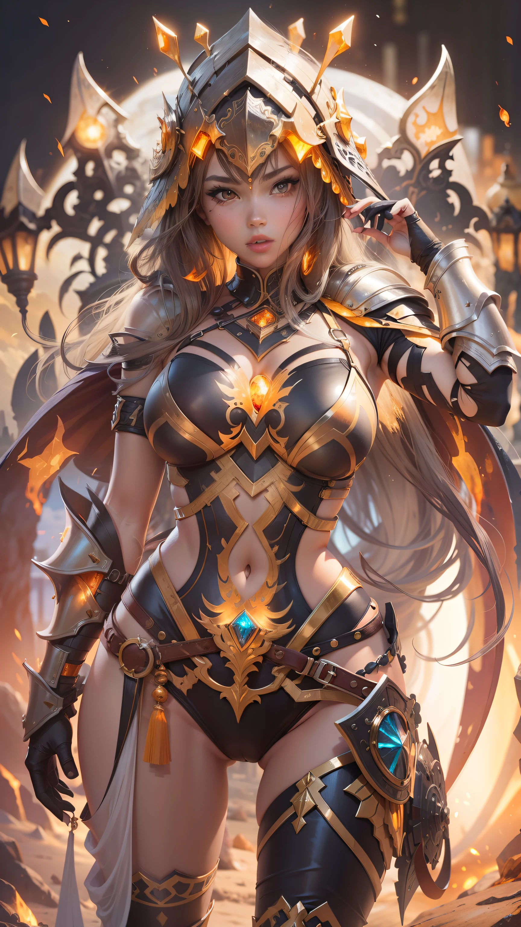 Hot Sexy Girl wear Fossil Bikini Armor with Glowing Amber Aura, Full Body
