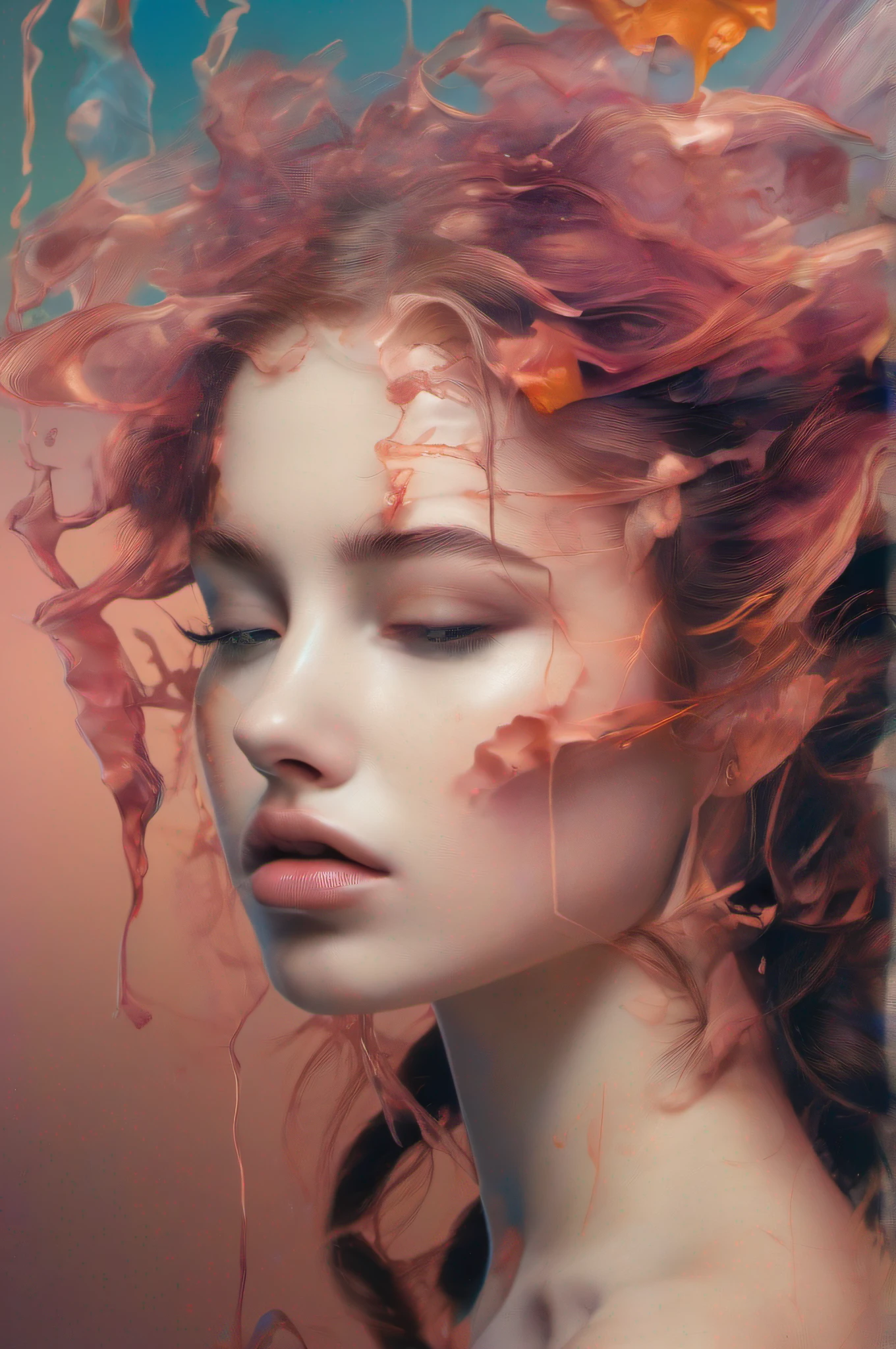 Arte de Alberto Seveso, Uma linda garota de olhos azuis cabelos longos cor de rosa com mechas azuis,  (((de corpo inteiro))),  usando uma roupa cor de rosa com detalhes em dourados em um belo cenario ,  em uma casa de campo ao por do sol, Water paint,ethereal random color, Abstract alcoholic ink, e cores de fogo estilos de arte, altamente detalhados, Luminous Studio graphics engine, Beautiful, symmetrical, highly detailed brown eyes, rosto lindo altamente detalhado, dinamic pose, beleza, extremamente lindo, Eletricidade Fogo em todo o universo no estilo de artistas como Russ Mills, Martina Joanna, Willem Haenraets, Audrey Kawasaki. ultra detailed artistic photography. Ink Drinkled in water, pingos de respingos, textura de papel e sombreamento perfeito, with dramatic lighting. A arte deve ser centralizada, estilizada e elaborada. rendered in 8K resolution for high-quality detail, arts station, illustration, altamente detalhado, Perfect cinematic soft volumetric natural light, intrincada