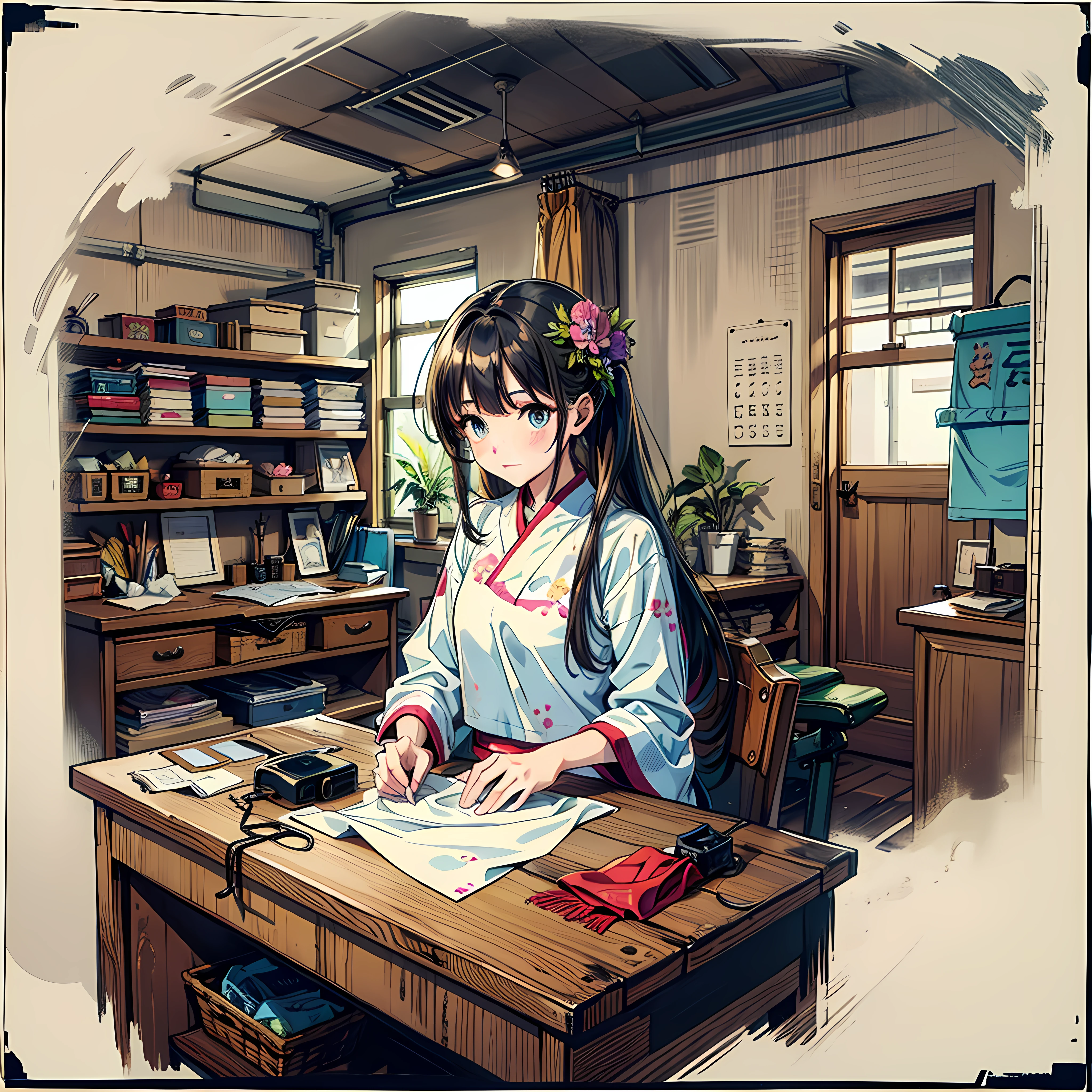 1 girl, Messy,Background, Cute, In a room,Niji style ,flower, Bibo Zi Eye,sewing machine,The clothes ar,croped,wardrobe,Tailor,clothing design