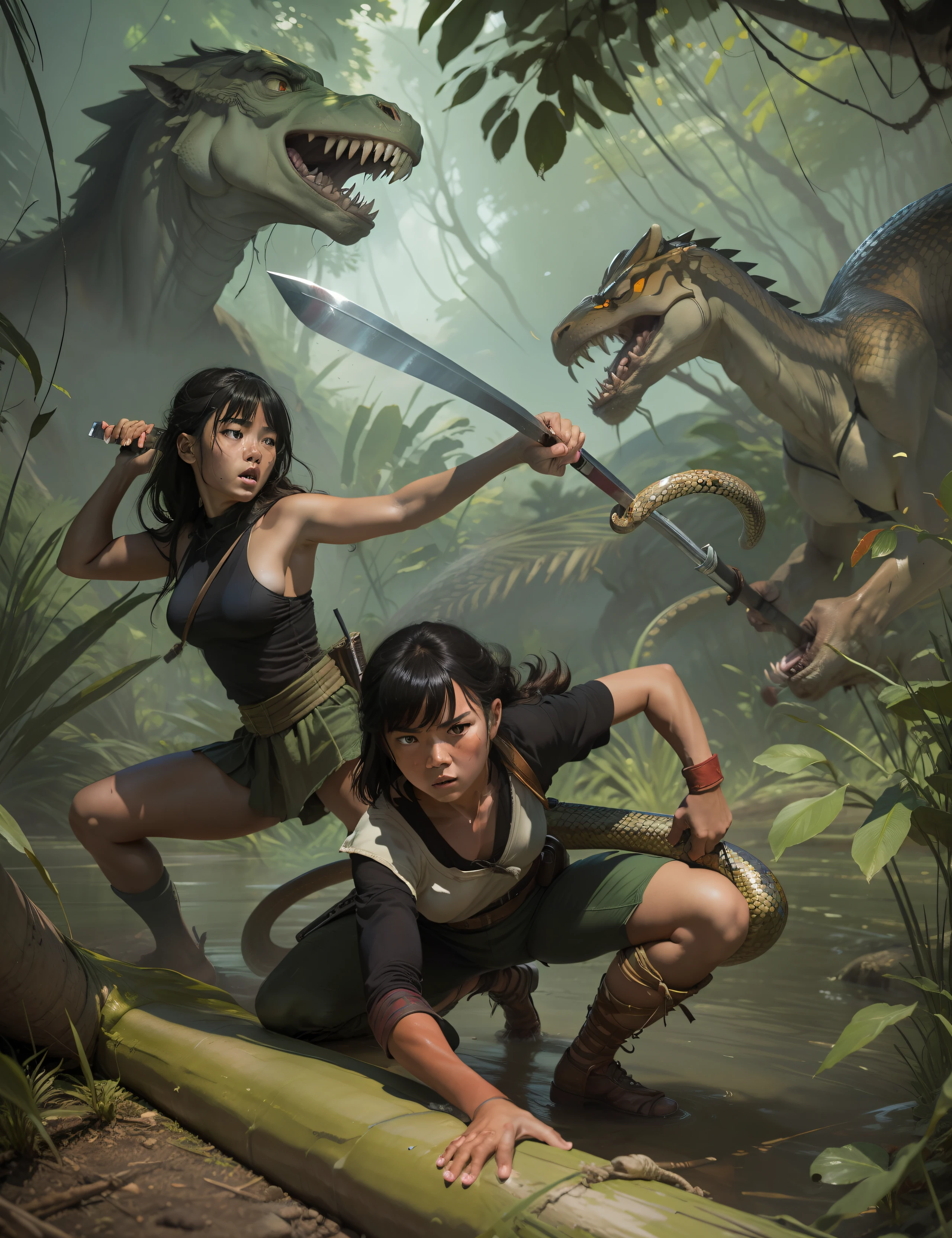 A blend of comic book art and lineart full of natural color, a young brave and fierce angry Vietnamese girl in the jungle fighting a snake and dinosaurs with a machete, the best quality, masterpiece, high-resolution, acrylic painting, trending on Pixiv fan box, palette knife, and brush strokes, style of makoto shinkai, Jamie Wyeth James Gillard edward hopper Greg Rutkowski studio ghibli Kenshin impact