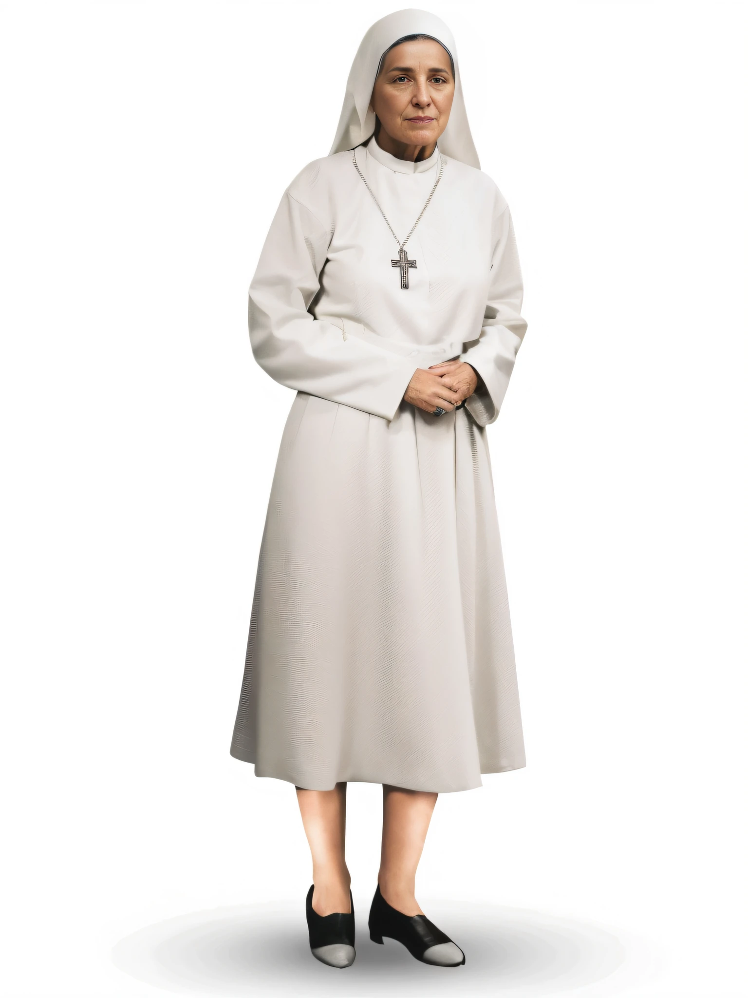 freira arafed em um manto branco e sapatos pretos, modelo de moda freira olhando para cima, freira, Billie Eilish como uma freira , Uma freira malvada, usando cruz no manto, majestosa mulher de santo, corpo inteiro com traje, vestes religiosas, Madre Teresa, mistura de estilo do Vaticano, 4K