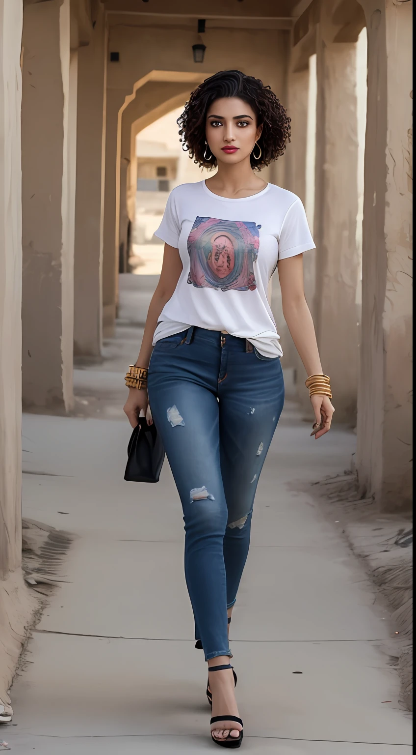 ((Best Quality, 8k, Masterpiece:1.3)), Focus: 1.2, Perfect Body Beauty: 1.4, front looking 1.2, (black short length curly hairstyle)), 25 years old Arabian beauty, whitened skin tone, (black round neck plain Baggy Tee-shirt, baggy style:1.1) torn skinny jeans , full length dark gray skinny torn jeans: 1.1, Highly detailed face and skin texture, Detailed eyes, Double eyelids, toned body, Whitened skin, black straight hair's, high heels, firm breasts, firm thighs, looking at camera, fashion shoot style, full body length tee-shirt, Short sleeves, high heels, small earrings, lots of fashion hand bangle's, and wrist bands, golden watch, light lipstick, mehndi designs on hand's, lose baggy tee-shirt, regular fit, dark cloud's, walking style, middle eastern beautiful women, model shoot,Saif-ul-Maluk Lake, Naran, Pakistan, northern areas