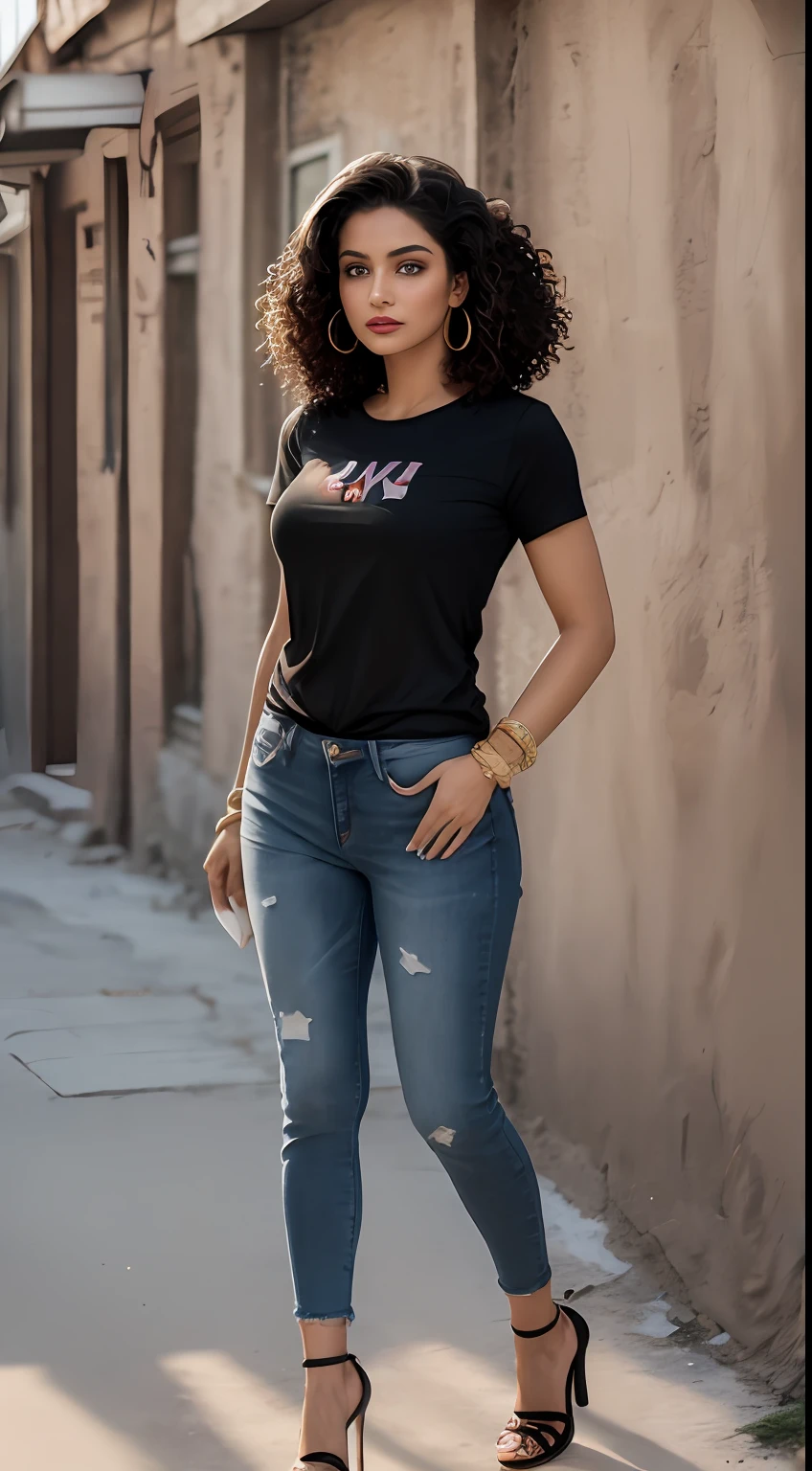 ((Best Quality, 8k, Masterpiece:1.3)), Focus: 1.2, Perfect Body Beauty: 1.4, front looking 1.2, (black short length curly hairstyle)), 25 years old Arabian beauty, whitened skin tone, (black round neck plain Baggy Tee-shirt, baggy style:1.1) torn skinny jeans , full length dark gray skinny torn jeans: 1.1, Highly detailed face and skin texture, Detailed eyes, Double eyelids, toned body, Whitened skin, black straight hair's, high heels, firm breasts, firm thighs, looking at camera, fashion shoot style, full body length tee-shirt, Short sleeves, high heels, small earrings, lots of fashion hand bangle's, and wrist bands, golden watch, light lipstick, mehndi designs on hand's, lose baggy tee-shirt, regular fit, dark cloud's, walking style, middle eastern beautiful women, model shoot,Saif-ul-Maluk Lake, Naran, Pakistan, northern areas
