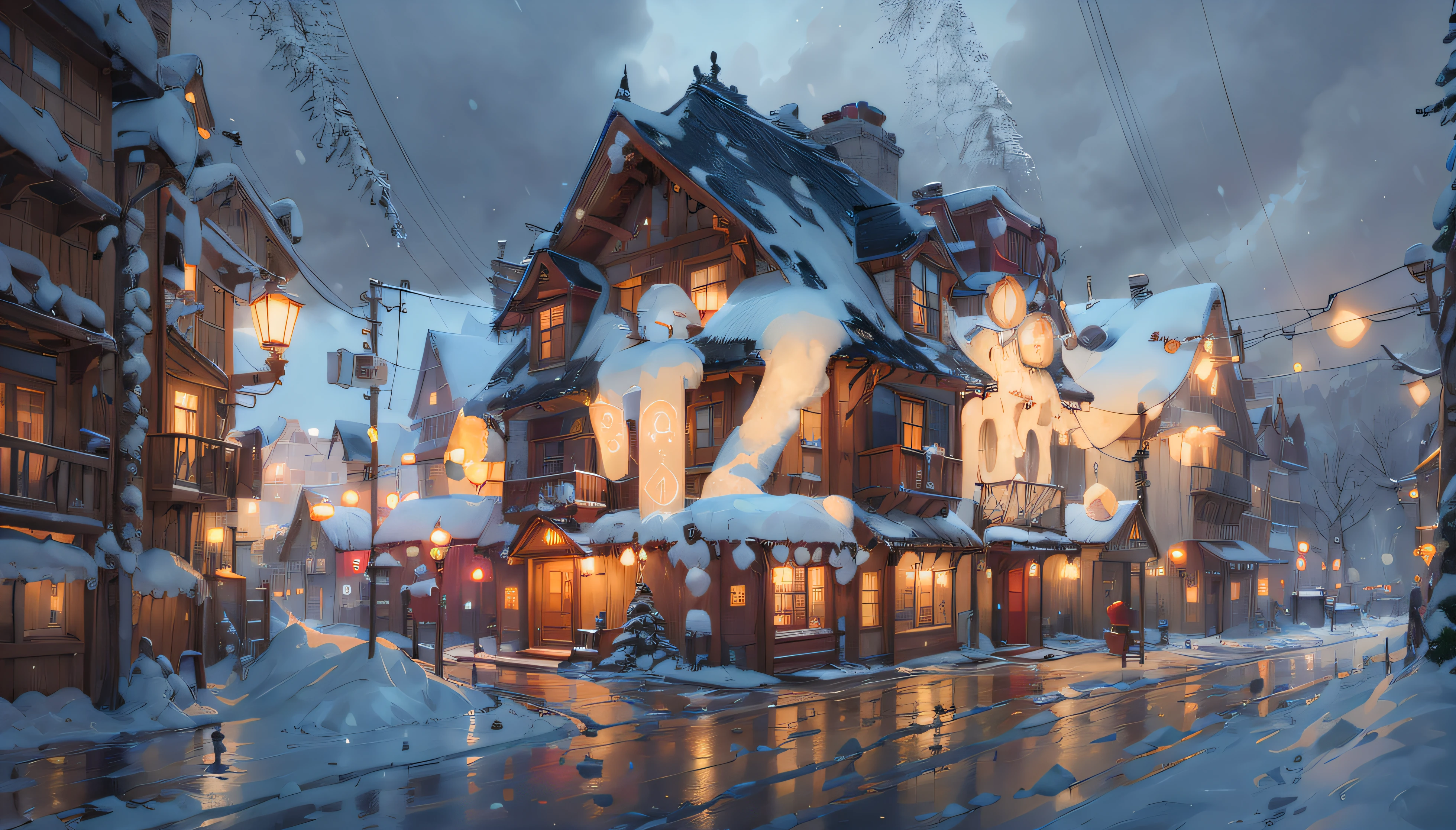 Snowy street scene with buildings and street lights in the background, Arte conceitual de inverno, inspired by Andreas Rocha, andreas rocha style, a multidimensional cozy tavern, Stylized concept art, Detailed 4K concept art, the style of andreas rocha, 4k highly detailed digital art, highly realistic concept art, painterly concept art, beautiful detailed concept art