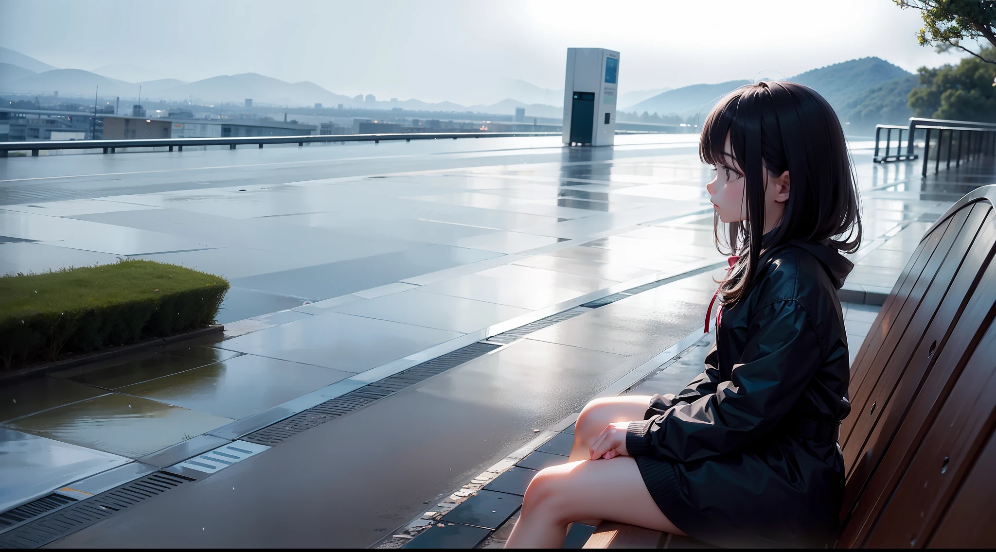1 girl, rainy day, waiting but not coming, view faraway