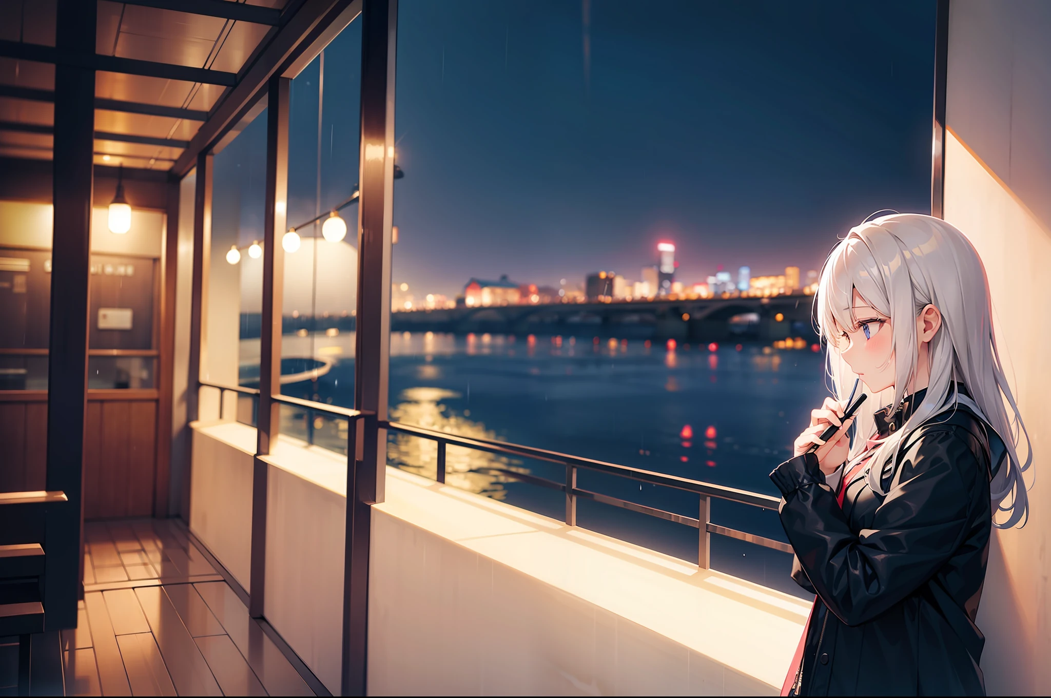 1 girl, rainy day, waiting but not coming, view faraway