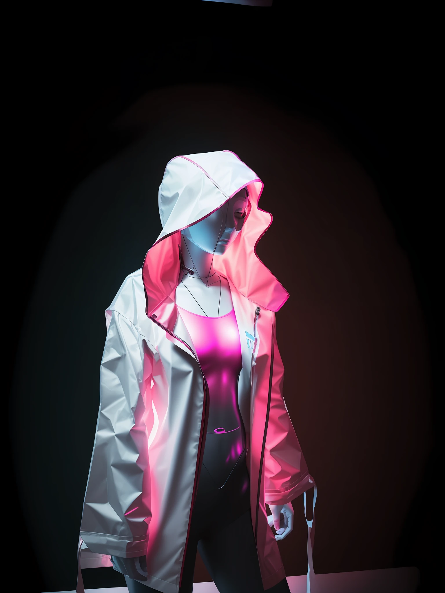 ((masterpiece)) and ultra realistic photography of a faceless mannequin with holographic raincoat, neon colors, pastel colors, indigo, tuquoise, (fuchsia:1.3), techwear, cyberpunk, raincoat, (vector:1.2), (geometric:1.3), white background, (papercut background:1.2), (cross led patterns: 1.3), (led lighting: 1.2), hologram,plastic, (totally white: 1.1), motion blur, depth of field, cinematic lighting, ray tracing, speed lines, ccurate, high details, high quality, best quality, 16k