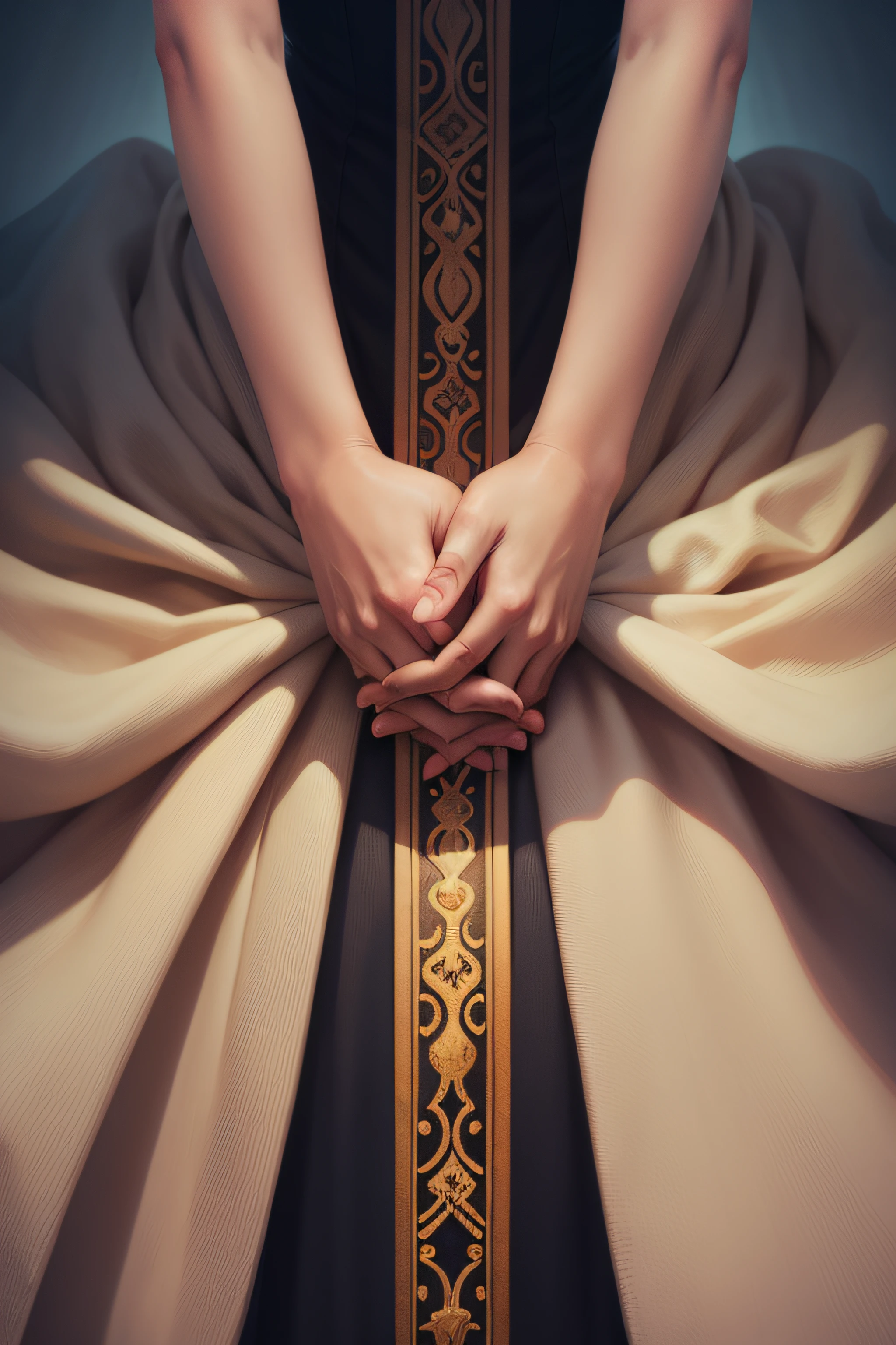 A person with outstretched hands in prayer.