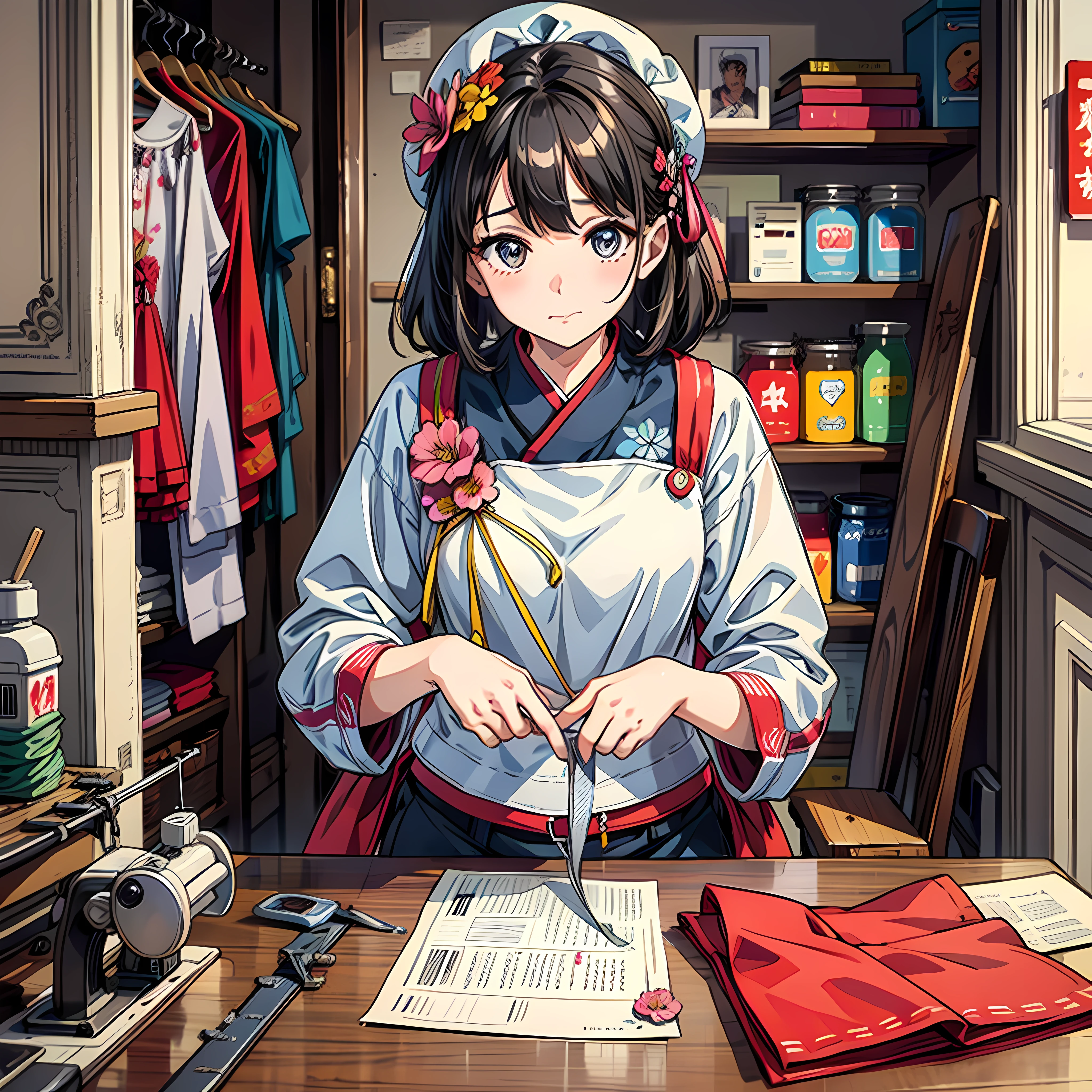 1 girl, Messy,Background, Cute, In a room,Niji style ,flower, Bibo Zi Eye,sewing machine,The clothes ar,croped,wardrobe,Tailor,clothing design