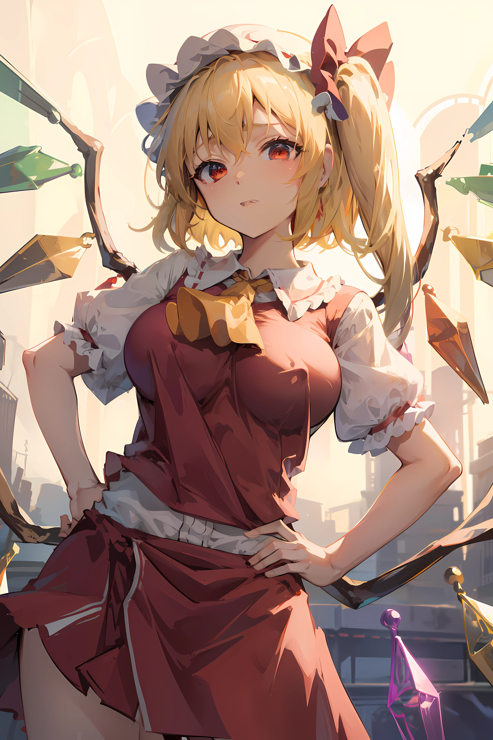 (masterpiece),best quality, expressive eyes, perfect face, 1girl,
big breast, H-cup, good breast, beautiful, gorgeous,anime,girl,lora, floating clothes, tent chest ,
hands on waist, hands on hips, nipple visible  though clothes,flandre scarlet,
1girl,blonde hair,mob cap,hair bow,bowtie,side ponytail,wings,short sleeves,vest,ascot,1wings,1 pair of wings