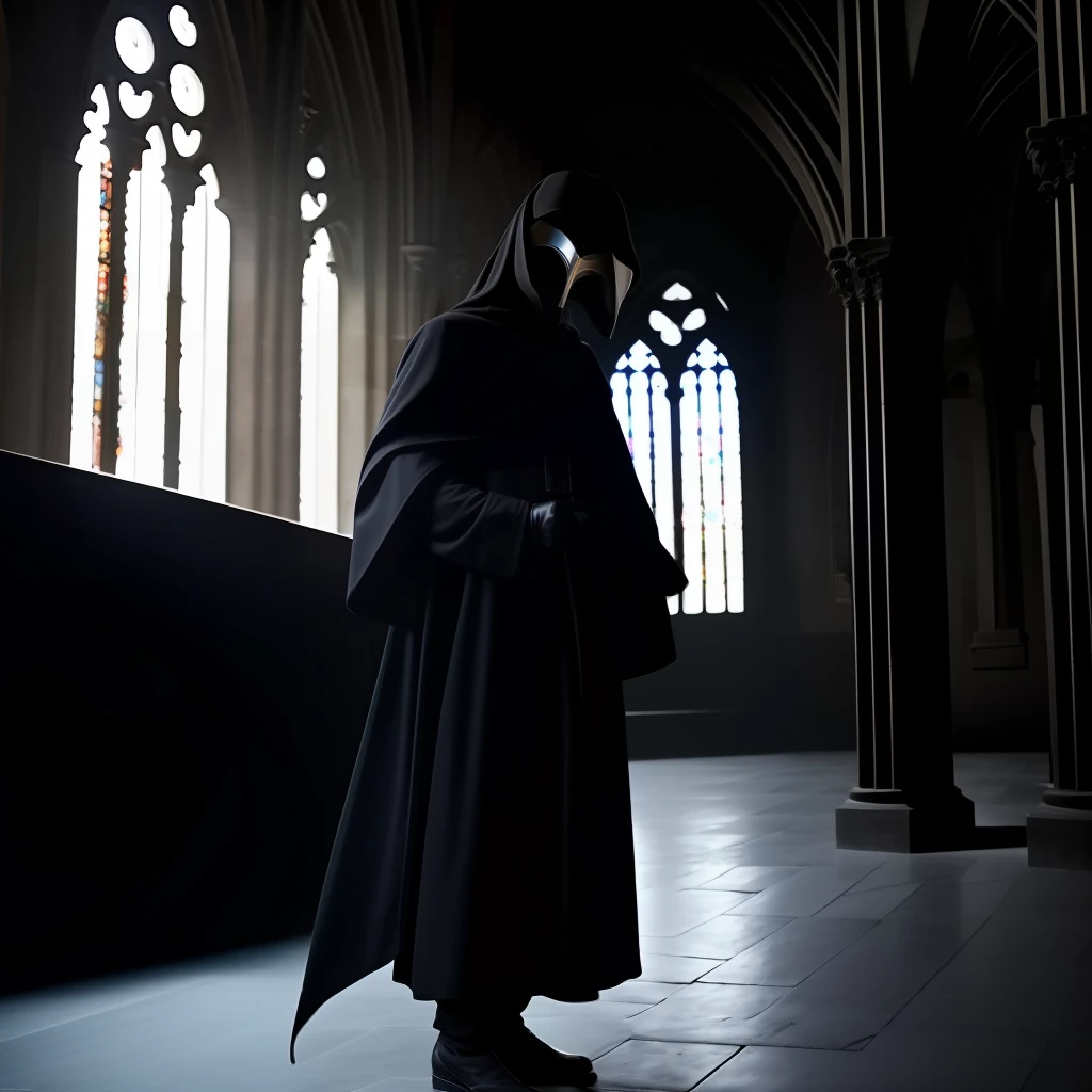 A  plague doctor in an medieval cathedral,   occult, dark theme, volumetric light, natural light, eyes hidden, dark lighting, gloomy