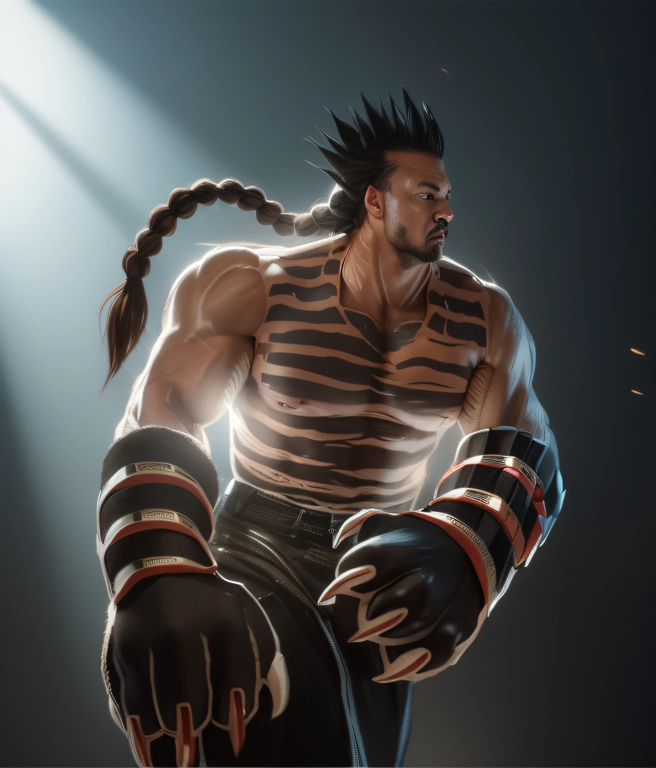 Tiger claw gloves, masterpiece, hd, hq, ultra realistic, strong, man, jungle, long hair braided back, muscle vein, undershirt
