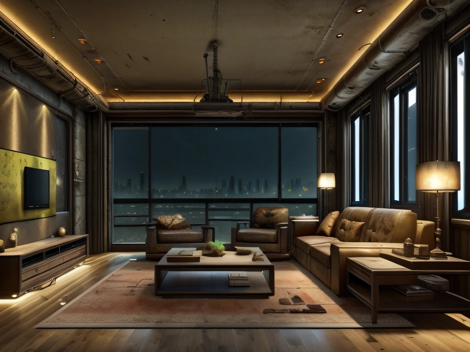 retinas, masutepiece, ccurate, Super Detail, Super Detail, high details, High quality, awardwinning, Best Quality, hight resolution,realistic CG,There is a living room with a lot of furniture and windows,High-quality photos,Midnight Living Room, Midnight time,(,Inorganic fluorescent lamps:1.3),The apocalyptic view of the naked light bulb, (post apocalyptic atmosphere:1.2), (Post-apocalyptic room interior:1.5), (Fallout concept art:1.4),Worn-out radio,Post-apocalyptic wasteland, Post-apocalyptic wasteland, post apocalyptic scene, (Apocalyptic landscape, post apocalyptic atmosphere, post apocalyptic setting, Post-apocalyptic world, Postapocalypse), post apocalyptic scenery,(Scenic dystopian environment),Realistic photo quality,Has a sense of life,(Midnight:1.4)