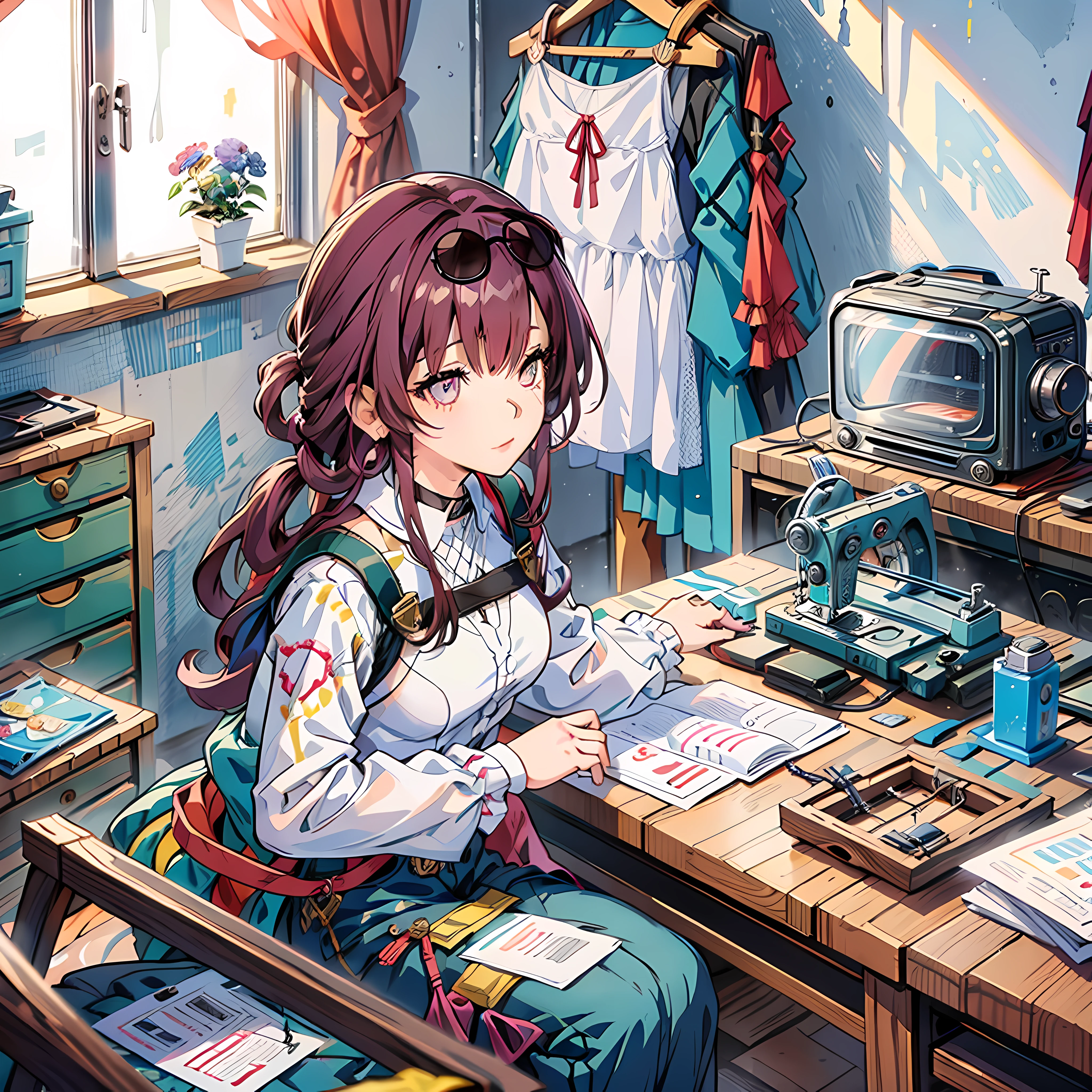 1 girl, Messy,Background,  Cute,  In a room,Niji style ,flower, Bibo Zi Eye,sewing machine,The clothes ar,croped,wardrobe,Tailor,clothing design