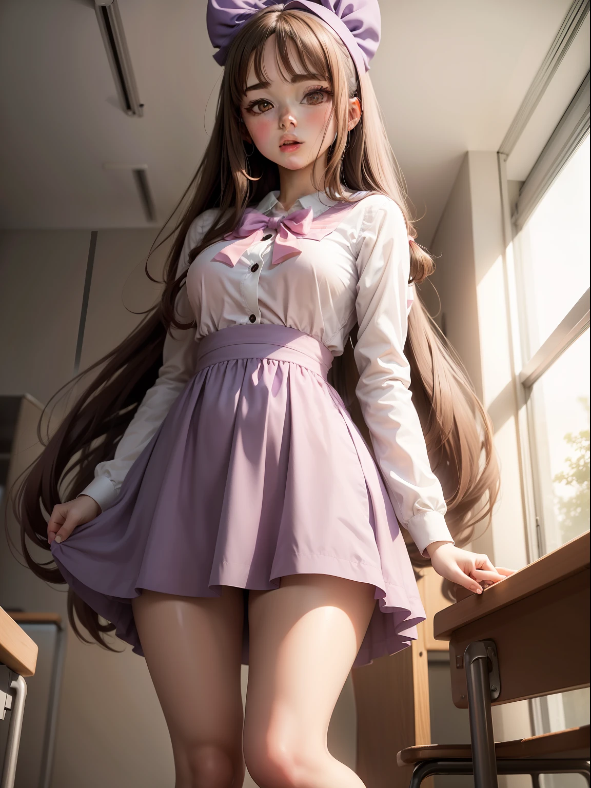 anime girl with long brown hair and pink bows wearing a cute medium-length purple dress, paired with over-the-knee white socks, in a school setting, She exudes allure with her ample bosom. The image should be absurdly high resolution, ultra-detailed, and reminiscent of a limited color palette.