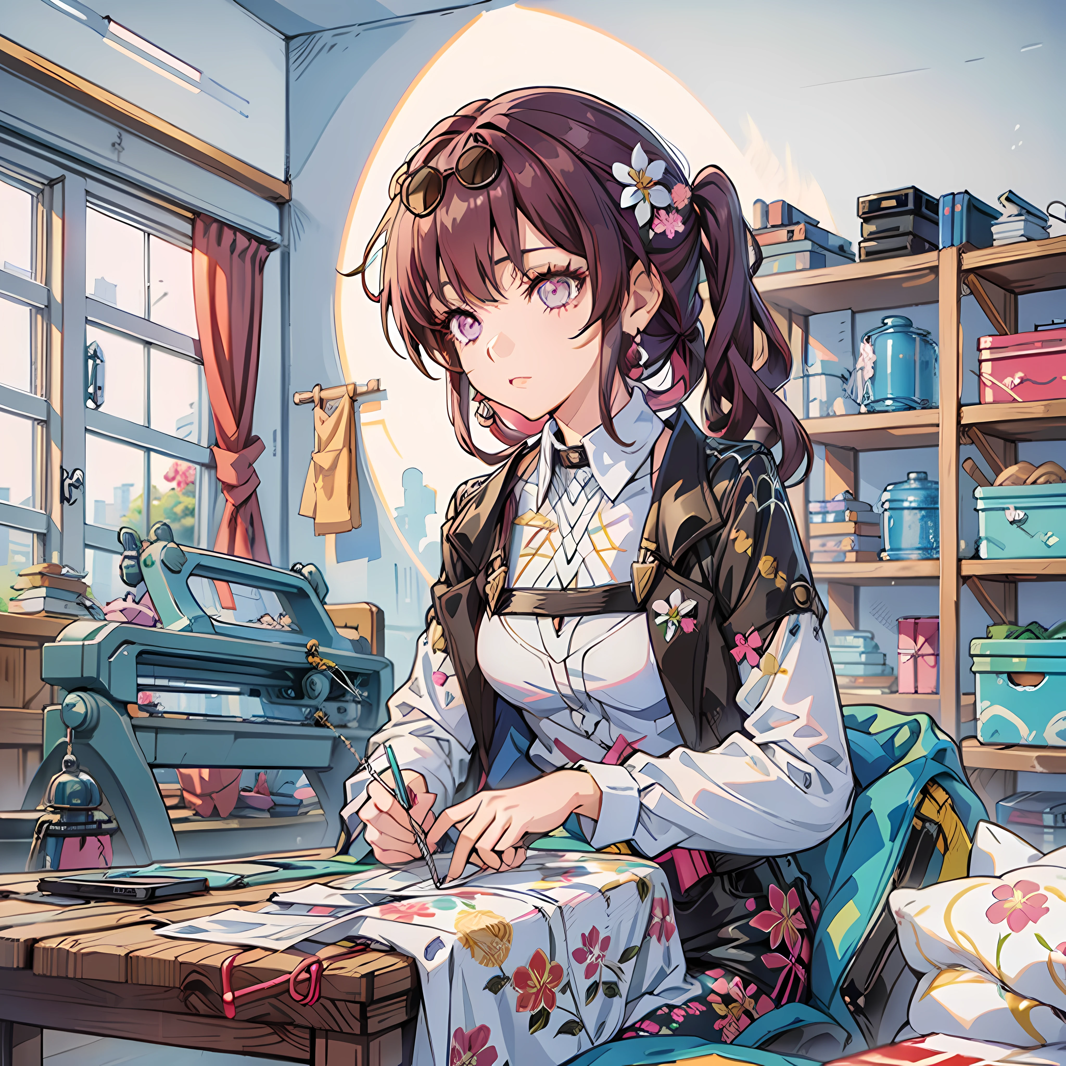 1 girl, Messy,Background, Cute, In a room,Niji style ,flower, Bibo Zi Eye,sewing machine,The clothes ar,croped,wardrobe,Tailor,clothing design