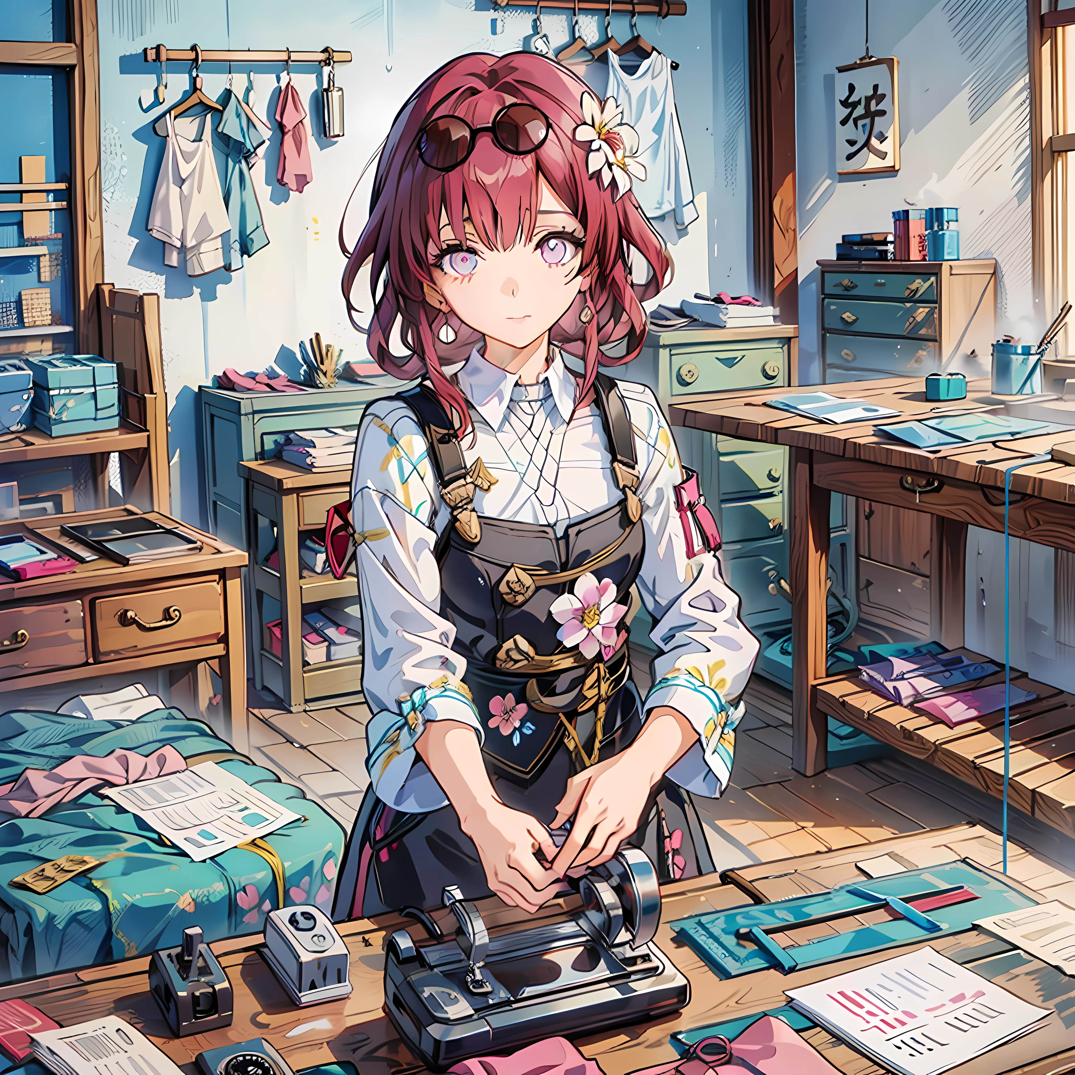 1 girl, Messy,Background,  Cute,  In a room,Niji style ,flower, Bibo Zi Eye,sewing machine,The clothes ar,croped,wardrobe,Tailor,clothing design