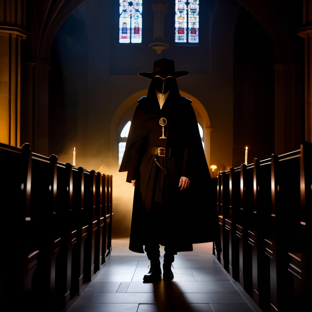 A  plague doctor in an medieval cathedral,   occult, dark theme, volumetric light, natural light, eyes hidden, dark lighting, gloomy