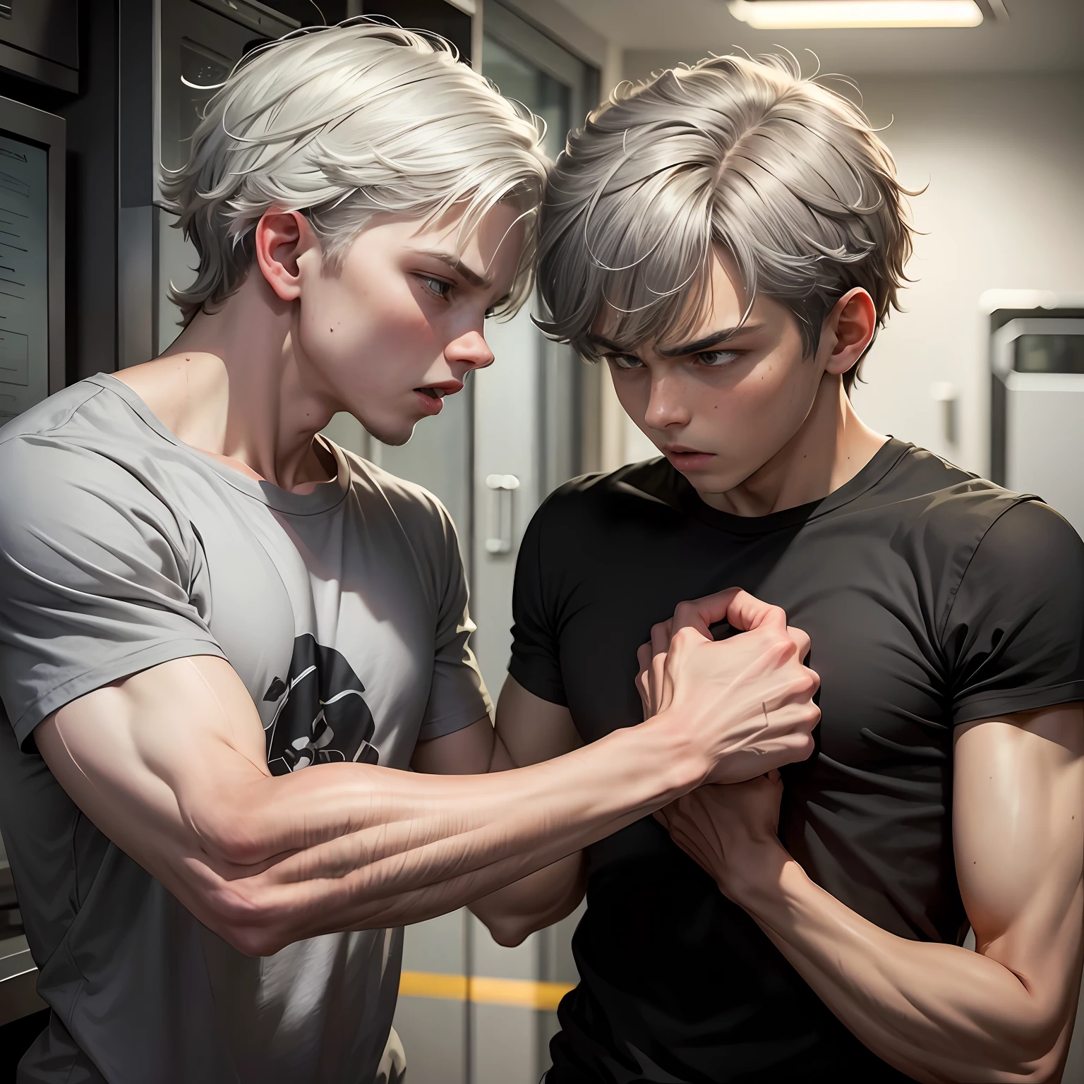 his brother won't let him escape takes him by force the boy tries to safarse Silver-gray hair is in the high school cafeteria is struggling to hit the face angry anger A 15-year-old boy grabs his 15-year-old brother by the neck  , They are facing each other are fighting their angry face, grabs him by the shirt and threatens to hit him with his fist...... , esta enfadado con ganas de golpearlo ambos tienen cabello gris plateado camisetas negras