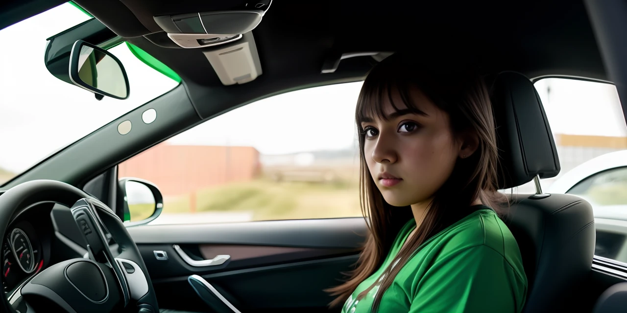 Full shot, wide shot, Girl driving car, sad face, green tshirt, green theme, real person, cinematic, dslr, real person