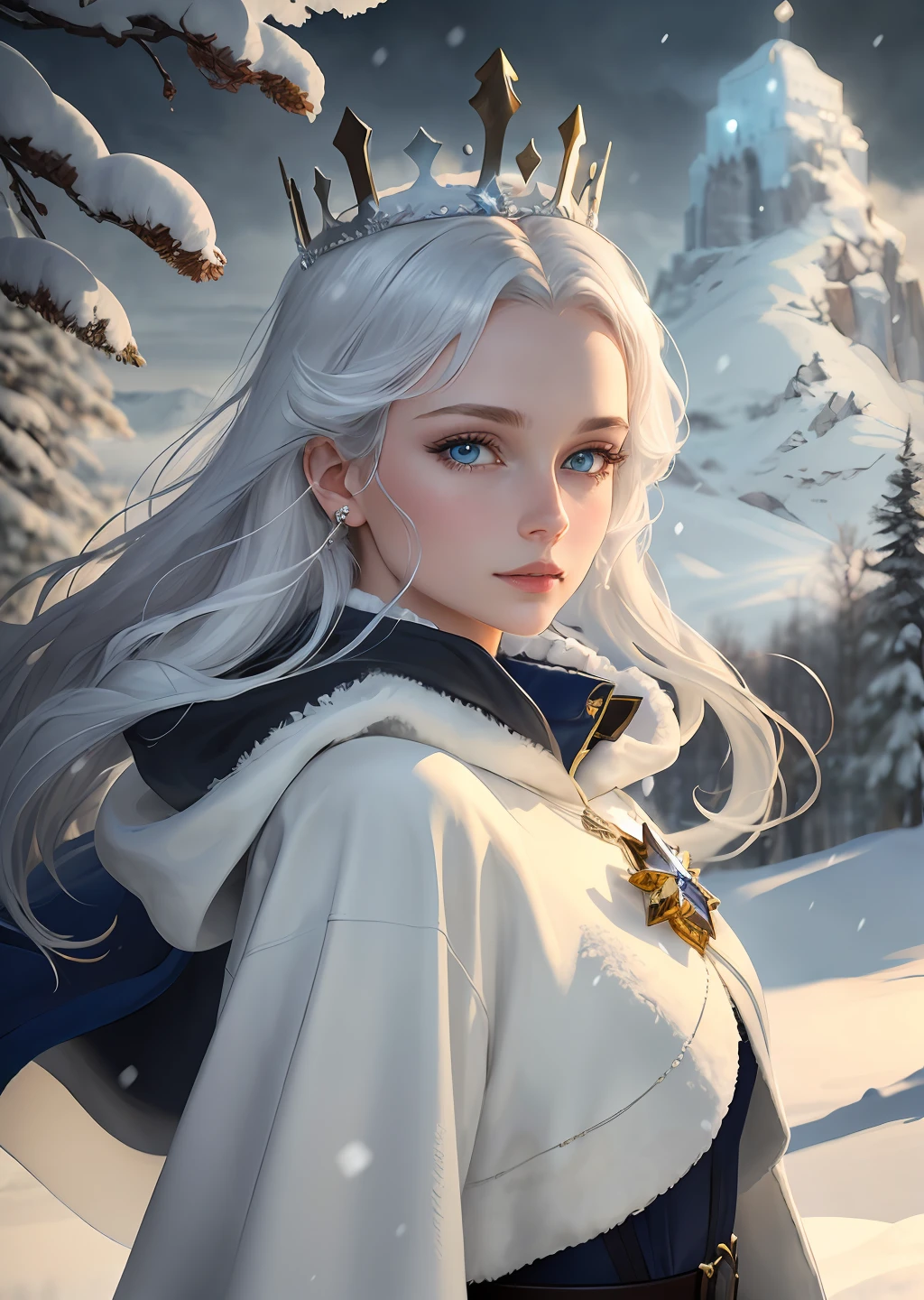 wlop, aeolian, jewelry, woman, queen, white robe, white eyelashes, dyed snow face, cold, frost, color, side light, pointed crown, super detail, depth of field, magic array, white hair, blue eyes, lips, snow, snow magic, white magic, sapphire, ice cap, ice crystal fragments, ice, large area white, incredible, super detail, extremely detail, (high contrast: 1.11), wind, amazing, beautiful detail eyes, messy hair, ( best lighting, extremely delicate and beautiful), ((cinema light)), (from the side: 1.3), 8K, masterpiece, best quality, movie stills, 1girl, floating in the sky, cloud girl, clouds, (close-up: 1.1), bright, happy, fun, soft lighting, (Bauhaus, shapes, lines, abstract: 1.1) official art, Unity 8k wallpaper, super detailed, beautiful and beautiful, masterpiece, best quality, (dynamic angle: 1.4), romantic depth of field exotic_ dance, Perfect NwsjMajic, (Masterpiece, Top Quality, Best Quality, Official Art, Beauty and Aesthetics: 1.2), Extreme Detail, Colorful, Supreme Detail, Snowy landscape, Snowflakes, ice-blue castle, lich, dark robes, glowing eyes, snowdrifts, trees, dramatic and eerie atmosphere
