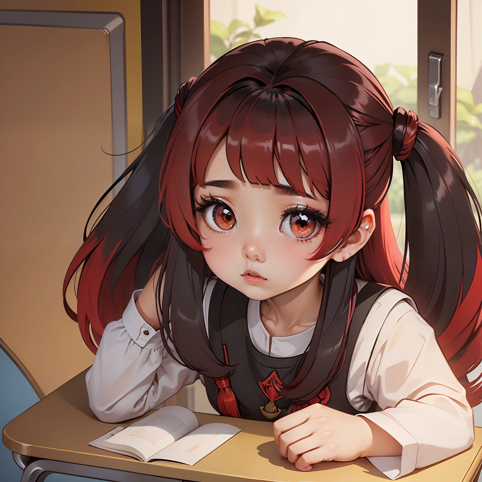1cewek lagi duduk di meja kelas (cewek yang suka menulis dan cewek ya rambut panjang rambut merah)