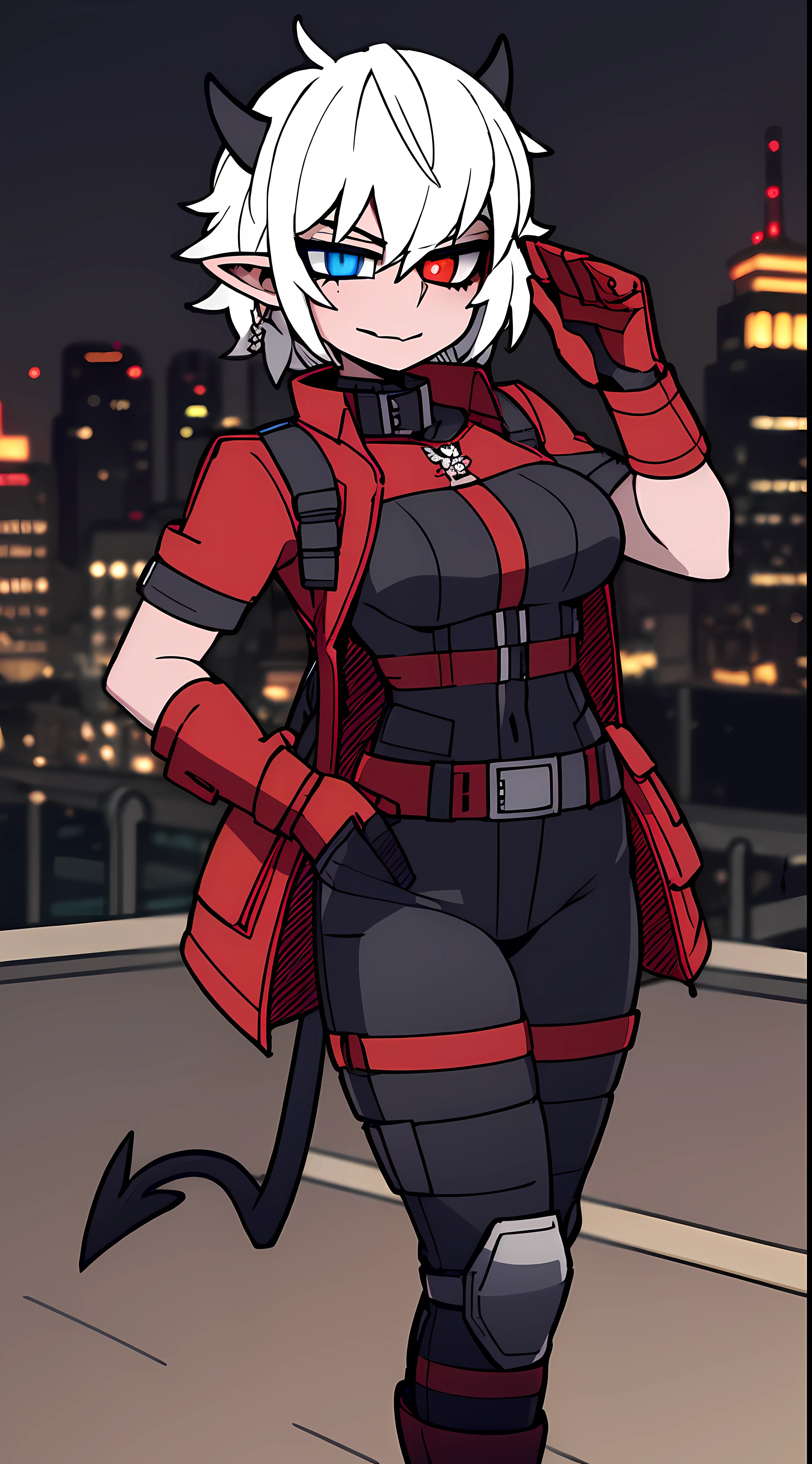 1girl, solo, mature woman, pointy ears, breasts, wide hips, thick thighs, blush, blushing, horns on head, demon tail, large breasts, dynamic angle, sharp focus, standing, heterochromia, 8k resolution, city, night, moon light, neon lights, cyberpunk, ghost in the shell, black latex suit, chest rig, holster, straps, knee pads, toolbelt, pouches, high quality shadows, glowing eyes, looking at viewer, science fiction, lens flare, night vision goggles, balaclava, ski mask, zip up, combat boots, black gloves, skyscraper windows, turtle neck collar, high collar, satchel, hands in pockets, shirt pocket, stealth suit, sci fi architecture, digital building, tech wear, cables, cybernetics, body armor, patch, armor plates,