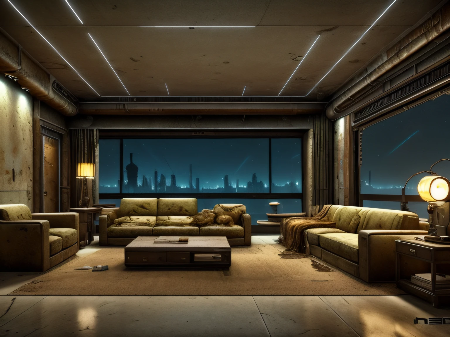 retinas, masutepiece, ccurate, Super Detail, Super Detail, high details, High quality, awardwinning, Best Quality, hight resolution,realistic CG,There is a living room with a lot of furniture and windows,High-quality photos,Late Night Living Room, Midnight hour,(,Inorganic fluorescent lamps:1.3),The apocalyptic view of the naked light bulb, post apocalyptic atmosphere, Post-apocalyptic room interior, (Fallout concept art:1.4),Worn-out radio,Post-apocalyptic wasteland, Post-apocalyptic wasteland, post apocalyptic scene, (Apocalyptic landscape, post apocalyptic atmosphere, post apocalyptic setting, Post-apocalyptic world, Postapocalypse), post apocalyptic scenery,(Scenic dystopian environment),Realistic photo quality,Has a sense of life,(Midnight)