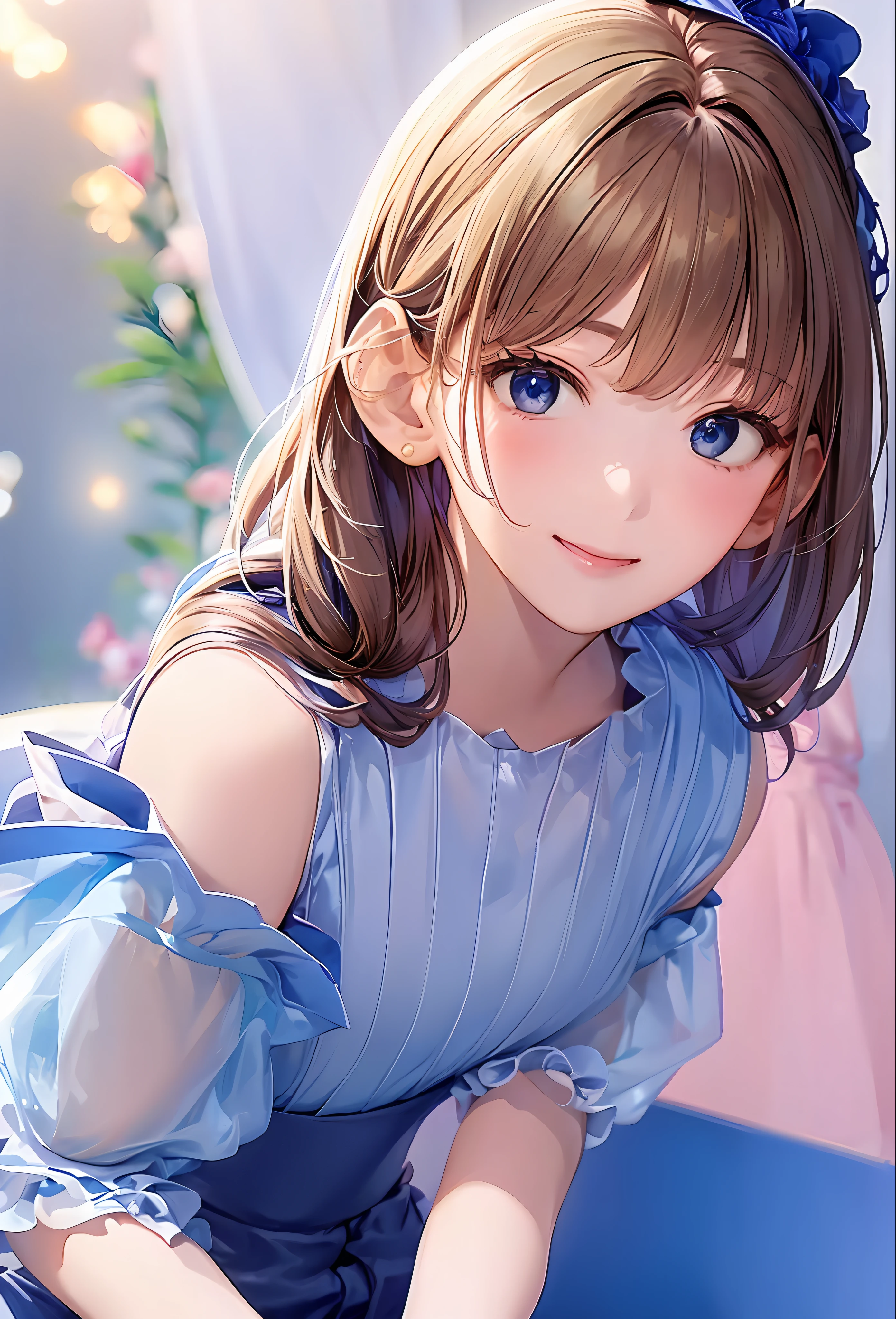 (8K、top-quality、masterpiece:1.2)、(realisitic、Photorealsitic:1.37)、ultra-detailliert、 1 人、cute little、独奏、mid night、Beautiful detailed sky、Detailed Cafe、sitting on、date、(Nasal blush)、 (Smile:1.15)、(Keep your mouth shut)small tits、Beautiful fine eyes、Floating Hair NovaFrogStyle、Dress with open back、Blue Rose Accessories、Blue roses background、Pink dress