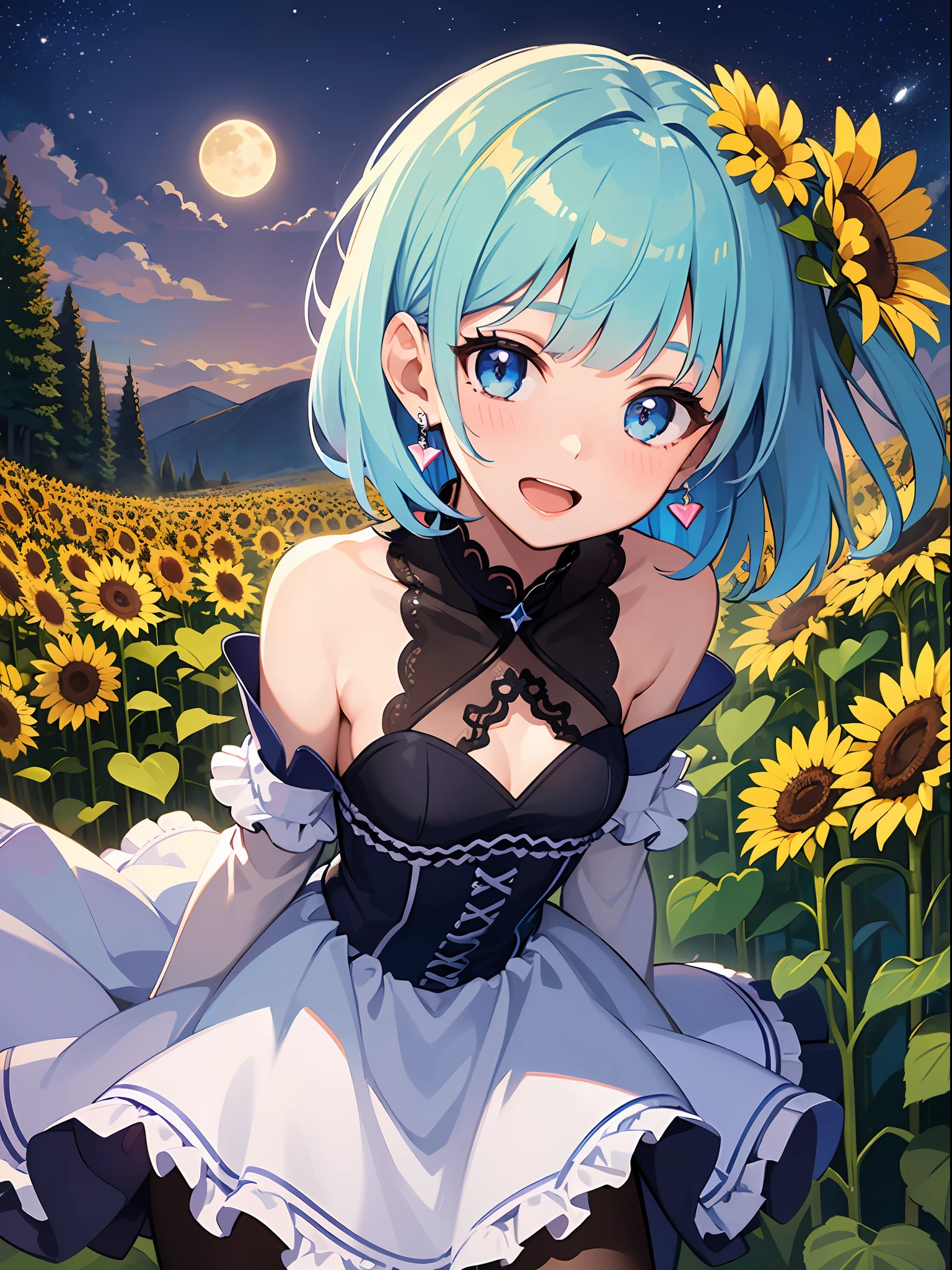 (masterpiece:1.3), (best quality:1.3), high resolution,
couboy shot,
leaning forward, body facing forward,
(one cute girl:1.3), solo,
white skin, small Breast, eight-headed person,
light blue hair, (bobbed hair:1.2), (short hair:1.1), (blunt bangs:1.2), beautiful hair, blue eyes, beautiful detailed eyes,
open mouth, heart, cheerful smile,
short dress, blue check skirt, frill, earrings,
outdoors, (night:1.2), moon, Starry sky in beautiful detail, night sky, flower garden, sunflower,
shadowlighting,