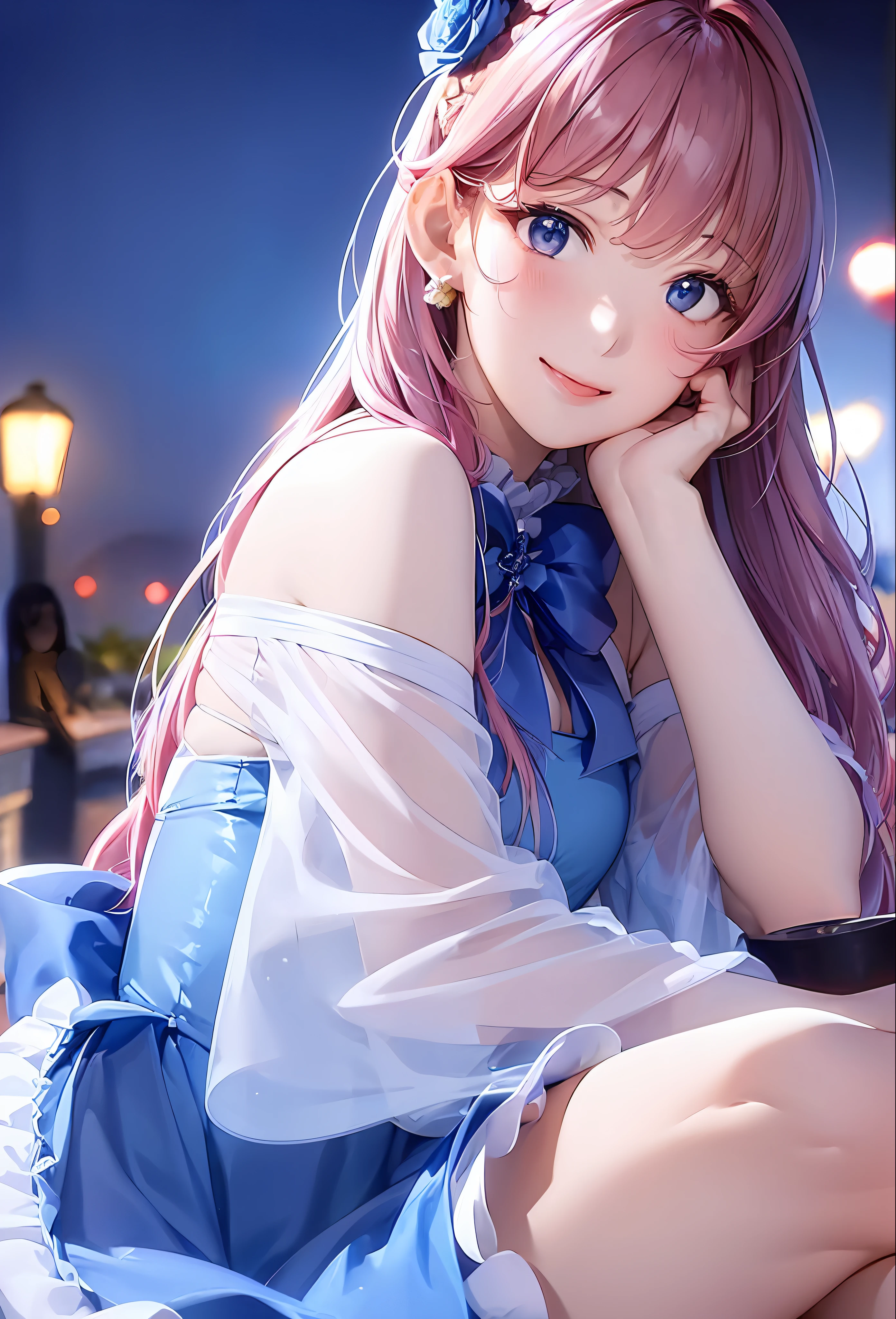 (8K、top-quality、masterpiece:1.2)、(realisitic、Photorealsitic:1.37)、ultra-detailliert、 1 人、cute little、独奏、mid night、Beautiful detailed sky、Detailed Cafe、sitting on、date、(Nasal blush)、 (Smile:1.15)、(Keep your mouth shut)small tits、Beautiful fine eyes、Floating Hair NovaFrogStyle、Dress with open back、Blue Rose Accessories、Blue roses background、Pink dress