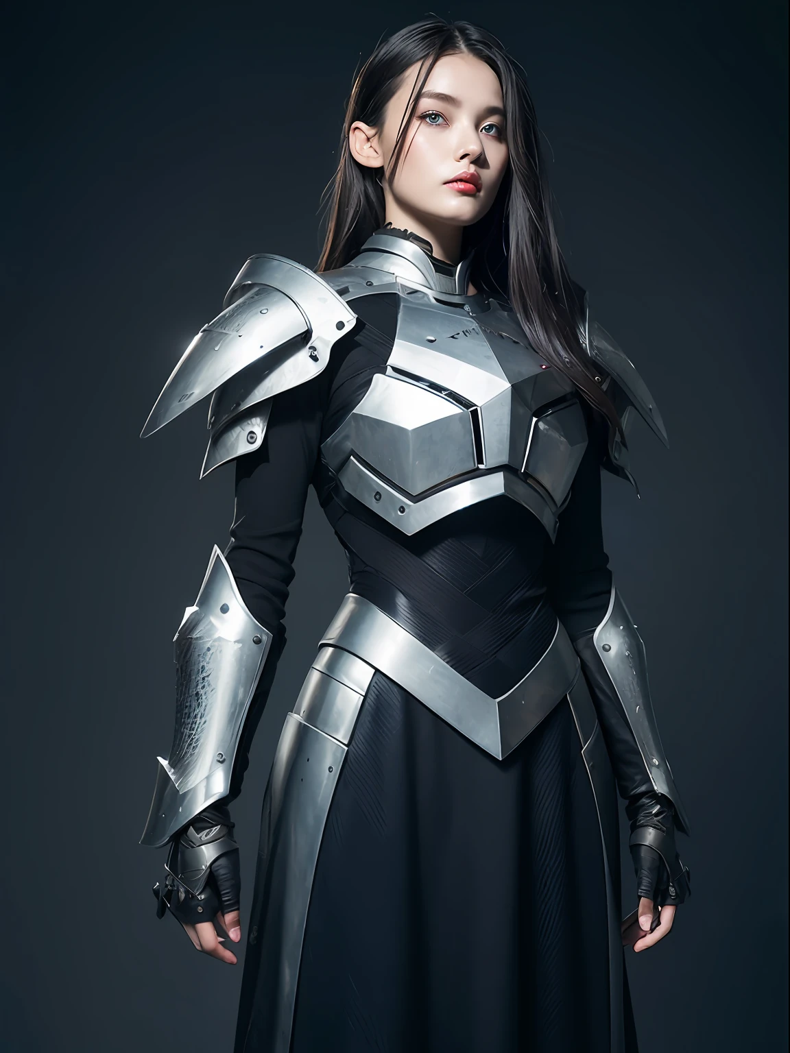 Masterpiece, Best quality, high resolution, 8K, sportrait, Realistic photo,（ Combine clothing with Korean fashion design），Digital photography, full bodyesbian, 1 -yeld gi (Cyborg), Beautiful gray gradient long hair, Blue eyes, iintricate, highly details, Evil metal crown, Black dress, ,Silver metal exoskeleton armor, Intricate knightly hollow armor,power armour, Openwork design, mechanical structure, Photo pose, Solemn,, Red lips, .Metallic texture, oc rendered，Reflective texture, ((Clothing cutting)),