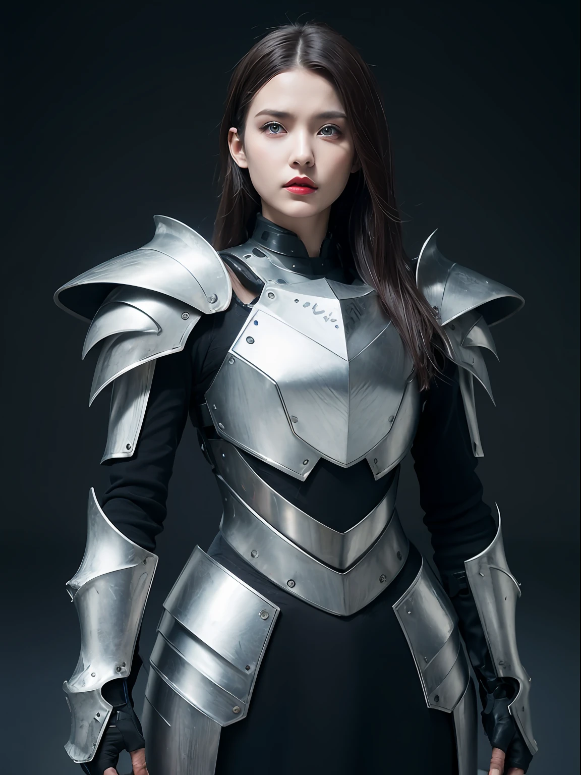 Masterpiece, Best quality, high resolution, 8K, sportrait, Realistic photo,（ Combine clothing with Korean fashion design），Digital photography, full bodyesbian, 1 -yeld gi (Cyborg), Beautiful gray gradient long hair, Blue eyes, iintricate, highly details, Evil metal crown, Black dress, ,Silver metal exoskeleton armor, Intricate knightly hollow armor,power armour, Openwork design, mechanical structure, Photo pose, Solemn,, Red lips, .Metallic texture, oc rendered，Reflective texture, ((Clothing cutting)),