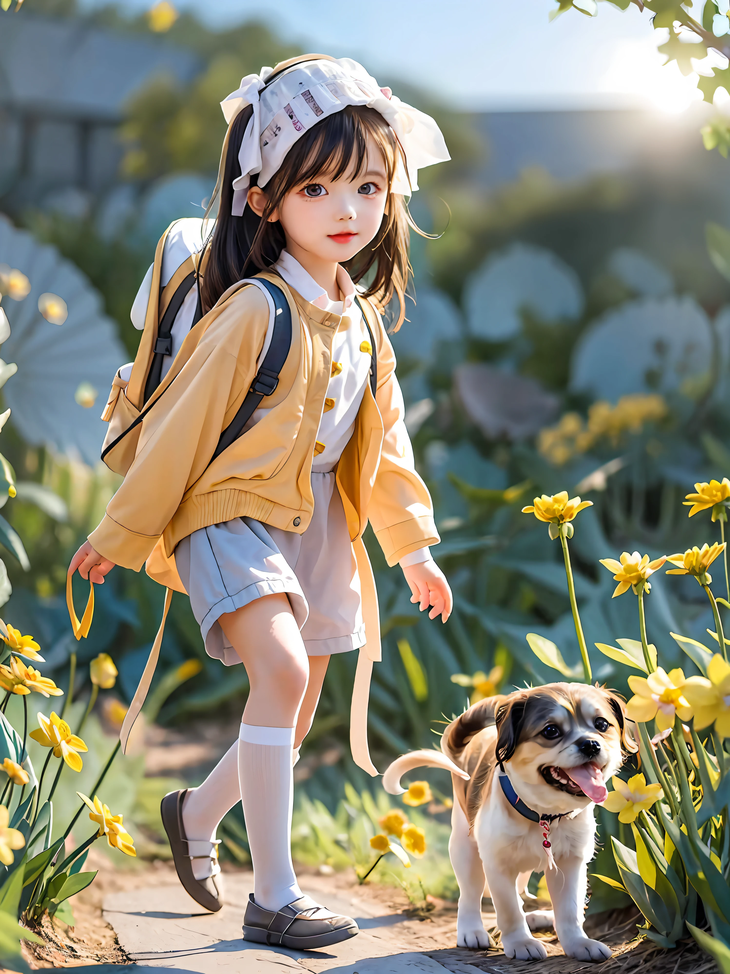 Tip: A very charming little girl with a backpack and her cute puppy enjoying a lovely spring outing surrounded by beautiful yellow flowers and nature. The illustration is a high-definition illustration in 4k resolution, featuring highly detailed facial features and cartoon-style visuals.