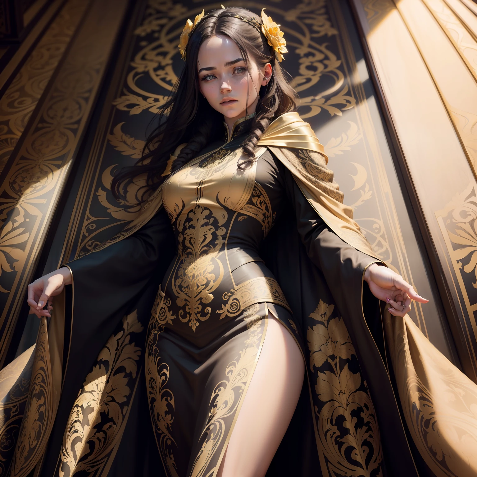 hyper realism, beautiful, photo realistic, detailed, art nouveau, girl like Alex Garland, wearing a golden and black robe with calligraphy on it, ultra detailed, photorealistic, highly detailed, cinematic, 8k