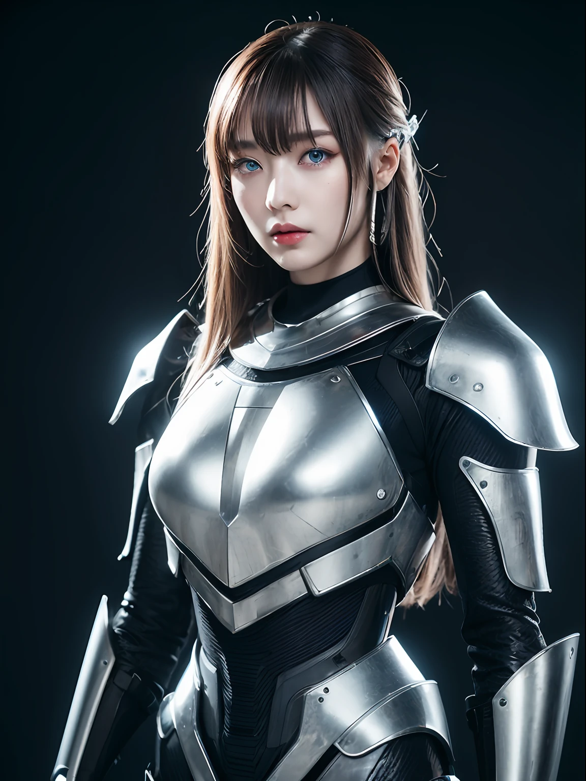Masterpiece, Best quality, high resolution, 8K, sportrait, Realistic photo,（ Combine clothing with Korean fashion design），Digital photography, full bodyesbian, 1 16-year-old girl, (Cyborg), Beautiful gray gradient long hair, Blue eyes, iintricate, highly details, unholy，Metal crown, Black dress, ,Silver metal exoskeleton armor, Intricate knightly hollow armor,power armour, Openwork design, mechanical structure, Photo pose, Solemn,, Red lips, .Metallic texture, oc rendered，Reflective texture, ((Clothing cutting)),