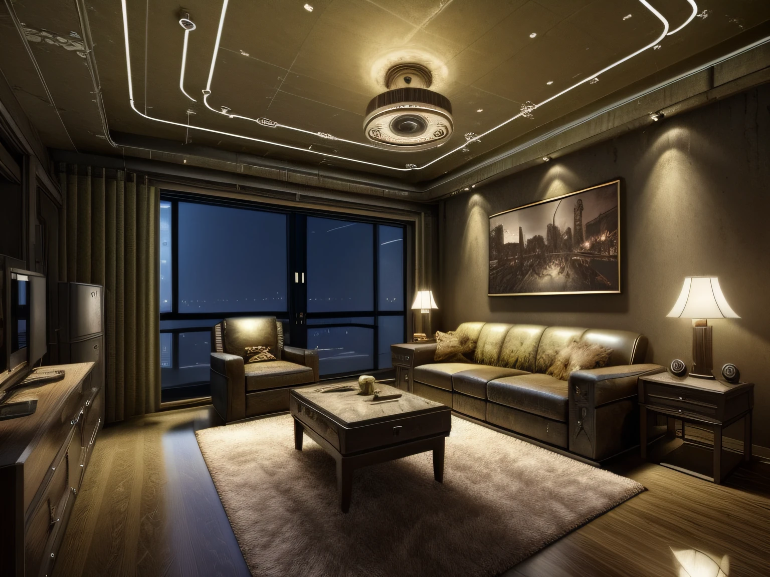 retinas, masutepiece, ccurate, Super Detail, Super Detail, high details, High quality, awardwinning, Best Quality, hight resolution,realistic CG,There is a living room with a lot of furniture and windows,High-quality photos,Midnight Living Room, Midnight time,(,Inorganic fluorescent lamps:1.3),The apocalyptic view of the naked light bulb, (post apocalyptic atmosphere:1.2), (Post-apocalyptic room interior:1.5), (Fallout concept art:1.4),Worn transceivers,Post-apocalyptic wasteland, Post-apocalyptic wasteland, post apocalyptic scene, (Apocalyptic landscape, post apocalyptic atmosphere, post apocalyptic setting, Post-apocalyptic world, Postapocalypse), post apocalyptic scenery,(Scenic dystopian environment),Realistic photo quality,Has a sense of life,(Midnight:1.4)