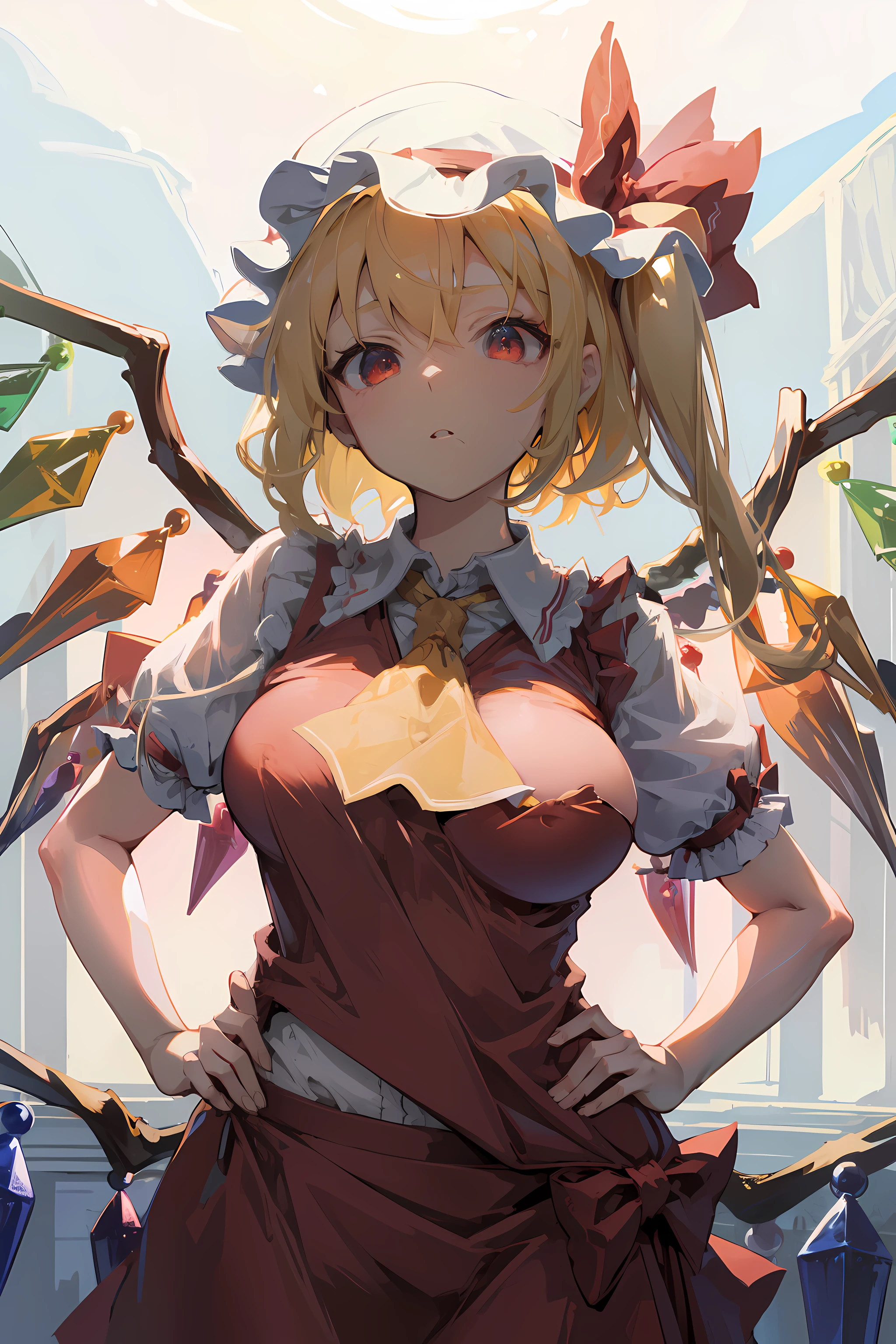 (masterpiece),best quality, expressive eyes, perfect face, 1girl,
big breast, H-cup, good breast, beautiful, gorgeous,anime,girl,lora, floating clothes, tent chest ,
hands on waist, hands on hips, nipple visible though clothes,flandre scarlet,
1girl,blonde hair,mob cap,hair bow,bowtie,side ponytail,wings,short sleeves,vest,ascot,1wings,1 pair of wings