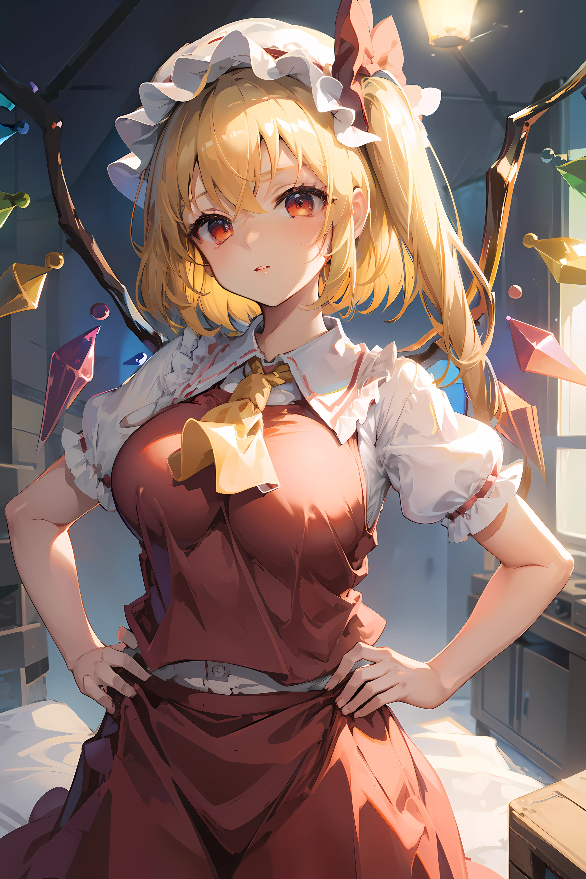 (masterpiece),best quality, expressive eyes, perfect face, 1girl,
big breast, H-cup, good breast, beautiful, gorgeous,anime,girl,lora, floating clothes, tent chest ,
hands on waist, hands on hips, nipple visible though clothes,flandre scarlet,
1girl,blonde hair,mob cap,hair bow,bowtie,side ponytail,wings,short sleeves,vest,ascot,1wings,1 pair of wings