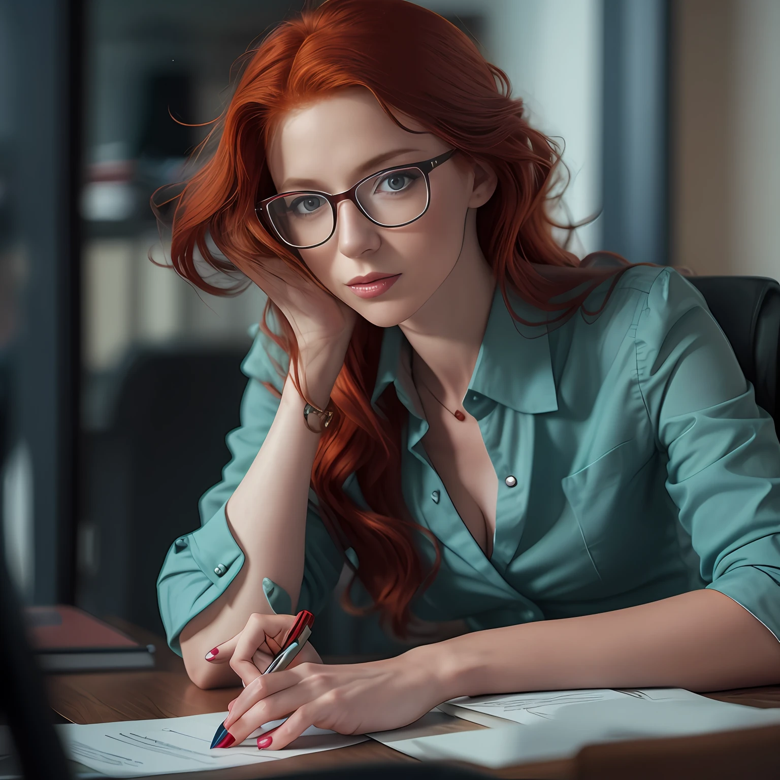 redhead haired woman in glasses sitting at a desk with a pen and paper, redhead woman, sat at her desk, girl with glasses, beautiful redhead woman, redhead girl, red haired young woman, woman with red hair, a redheaded young woman, serious focussed look, portrait shot, sophisticated young woman, with glasses, red haired girl, red hair girl, serious look