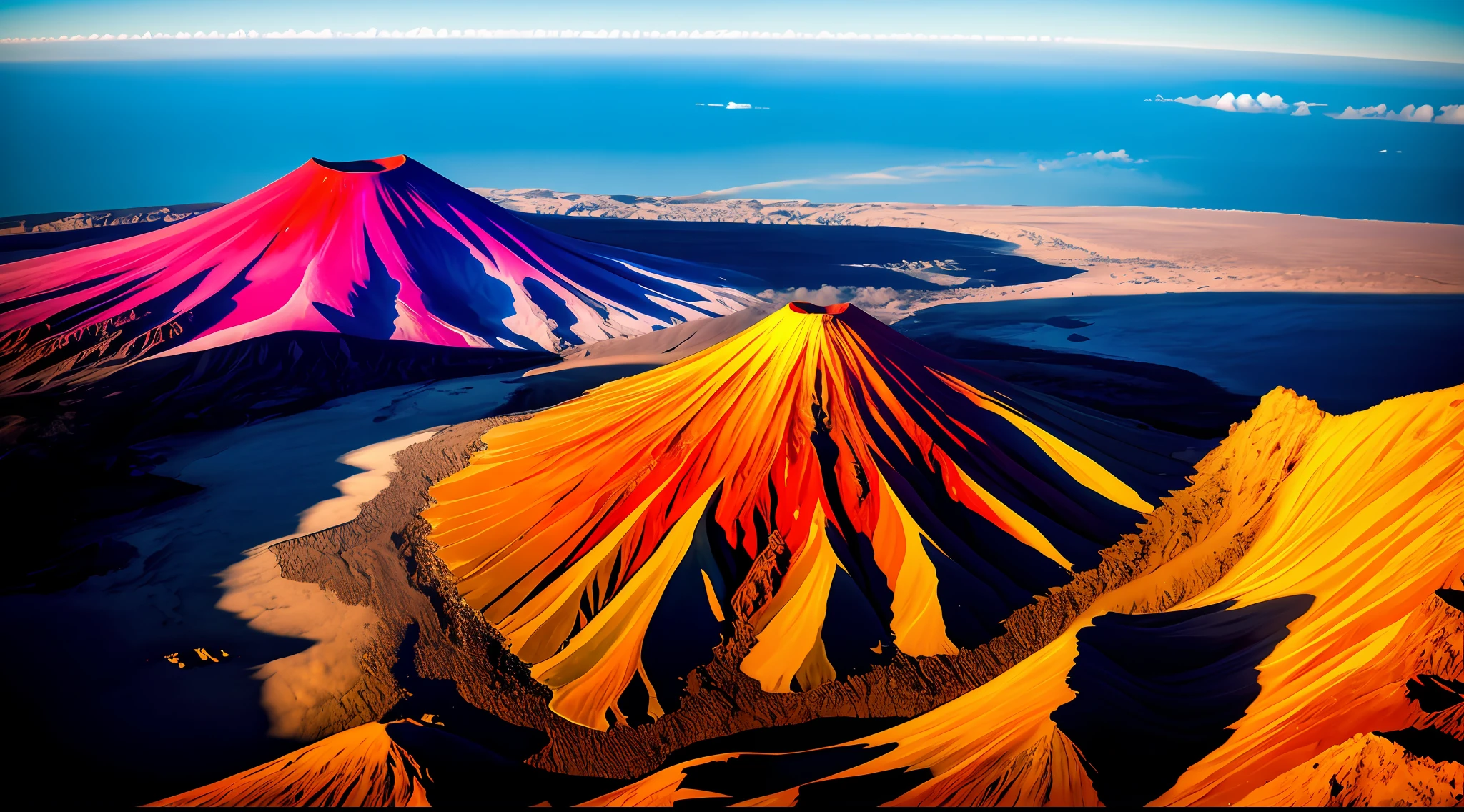 Realistic landscape, realistic colours, volcanoes, Etna,Stromboli, Mountainous land filled with incandescent lava),rios de lava, explosiones volcanicas, nubes de vapor, chorros de lava muchas salpicaduras , intrincada, obra maestra, experta, Incredibly detailed, compositing, encuadre, centrada, simetry, pintada, intrincada, volumetric illumination, hermosa, rica obra maestra de colores profundos, foco nítido, ultra detallado,16k
