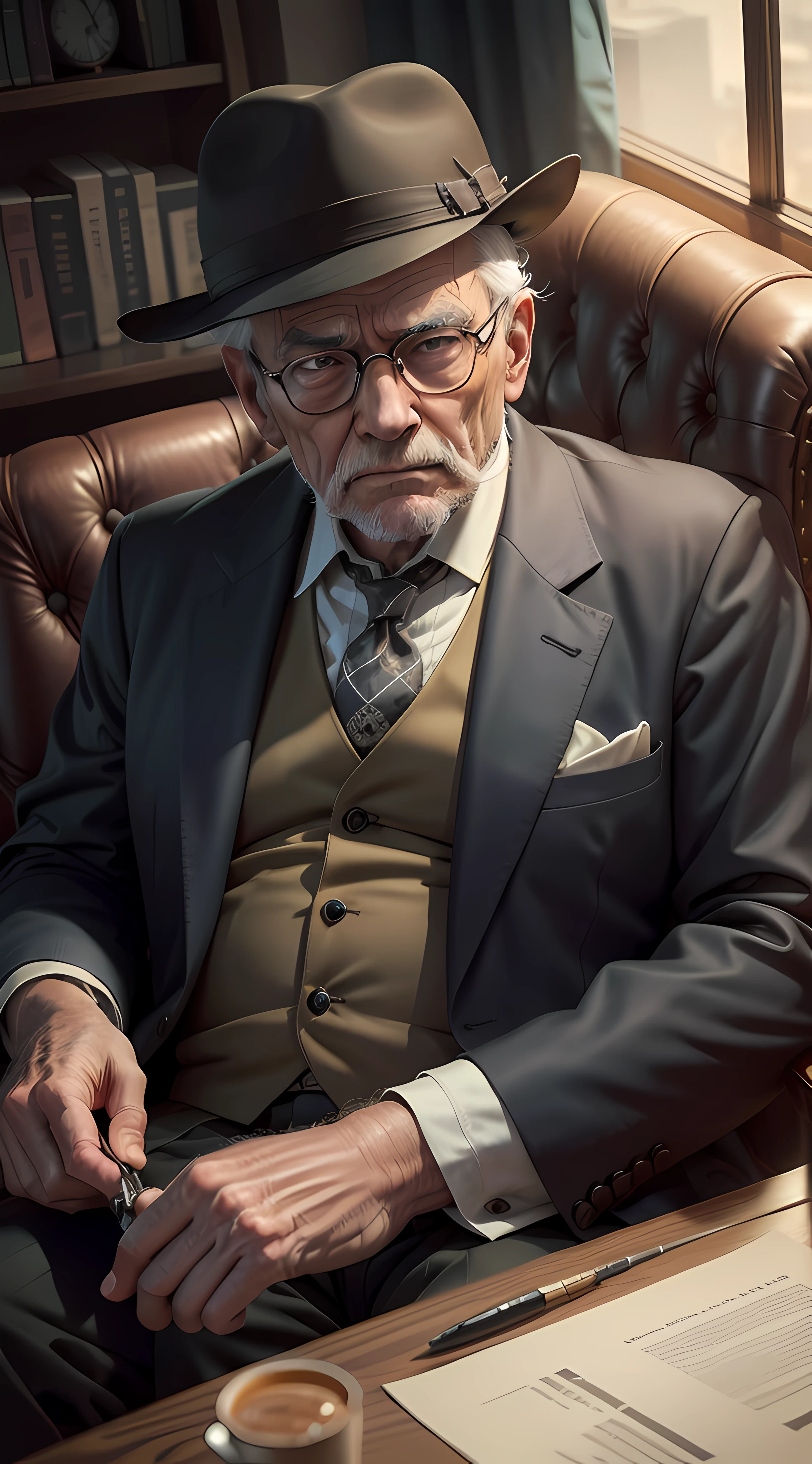 Old man detective sitting on the chair, eyes on the camera, highly detailed, Ultra Detailed, Ultra HD, Max Sharpen, 8K, 101K ultra detailed resolution, sf, trending on artstation, focus sharp, studio shot, intricate detail, highly detailed
