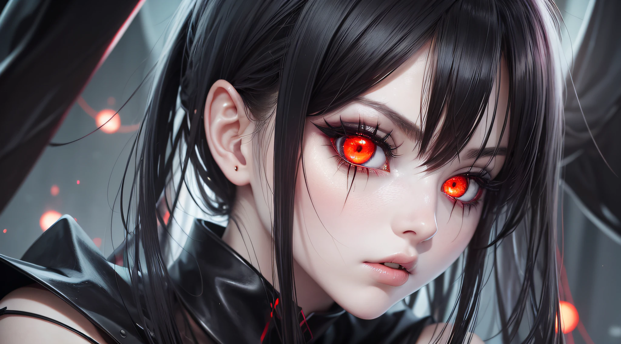 1girl, close up shot, (black sclera), glowing red eyes, black hair, pale skin,