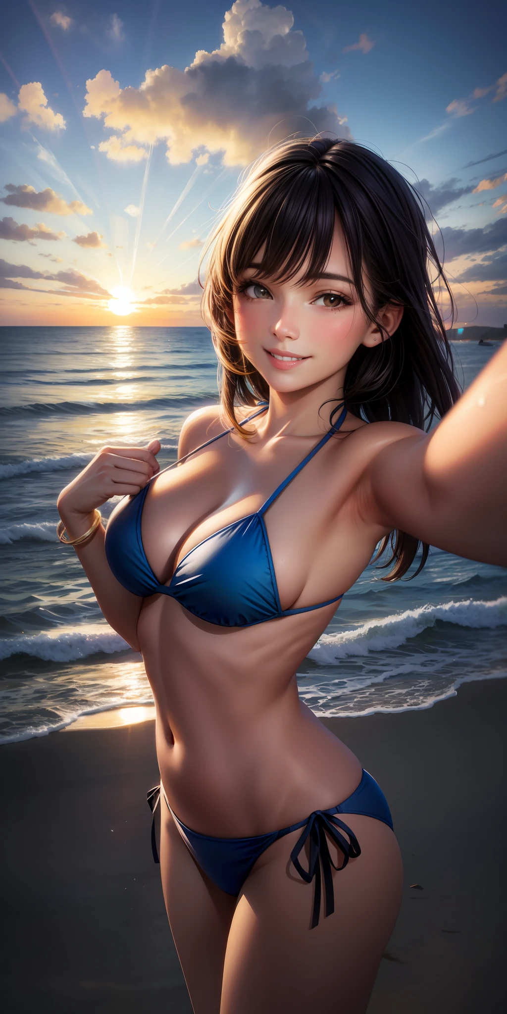 realistic, single girl, selfie, wearing bikini, smile, beach sunset
