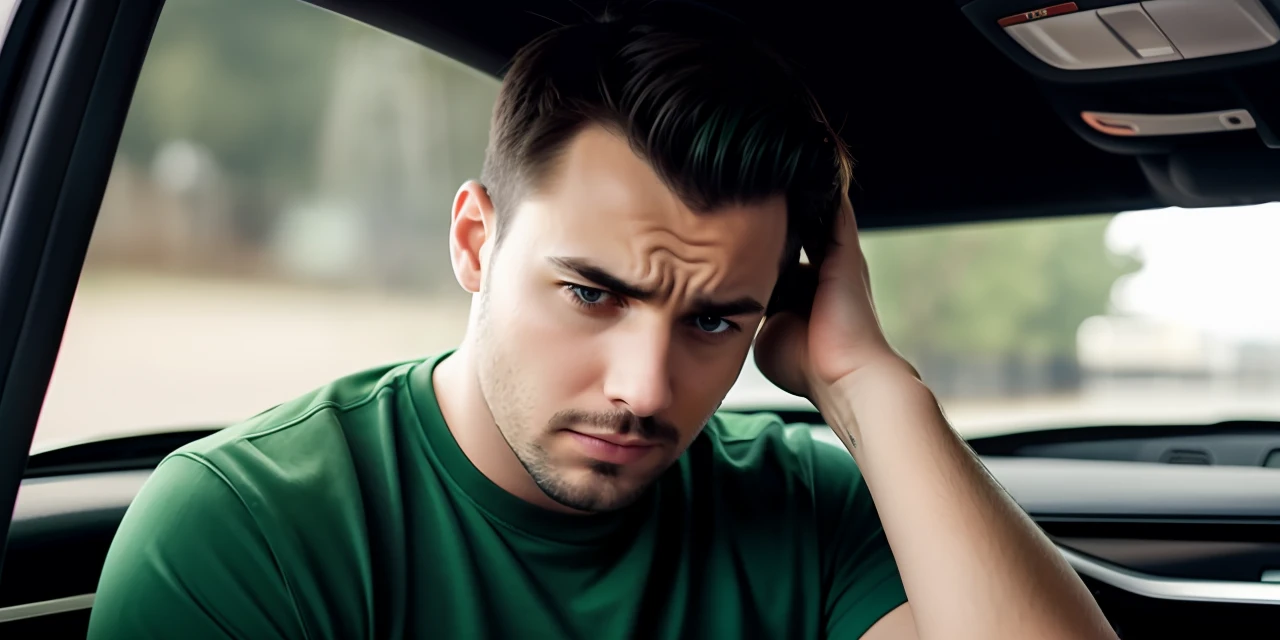 man head down on car steering, sad face, green tshirt, real person
