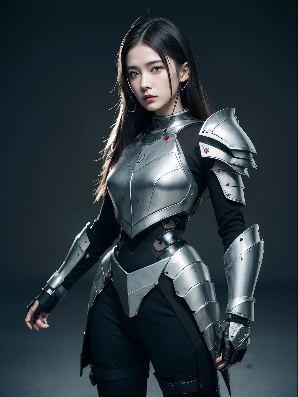 Masterpiece, Best quality, high resolution, 8K, sportrait, Realistic photo,（ Combine clothing with Korean fashion design），Digital photography, full bodyesbian, 1 16-year-old girl, (Cyborg), Beautiful white gradient long hair, Blue eyes, iintricate, highly details, evil，Metal crown, Black dress, ,Silver metal exoskeleton armor, Intricate knightly hollow armor,power armour, Openwork design, mechanical structure, Photo pose, Solemn,, Red lips, .Metallic texture, oc rendered，Reflective texture, ((Clothing cutting)),
