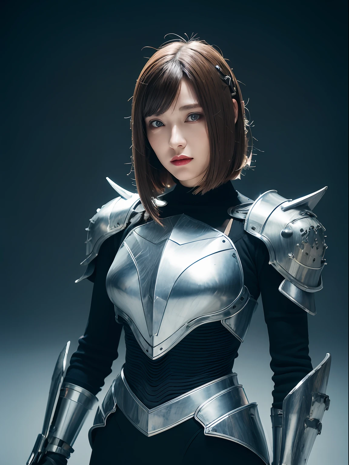 Masterpiece, Best quality, high resolution, 8K, sportrait, Realistic photo,( Combine clothing with Korean fashion design),Digital photography, full bodyesbian, 1 -yeld gi (Cyborg), Beautiful white gradient long hair, Blue eyes, iintricate, highly details, evil,Metal crown, Black dress, ,Silver metal exoskeleton armor, Intricate knightly hollow armor,power armour, Openwork design, mechanical structure, Photo pose, Solemn,, Red lips, .Metallic texture, oc rendered,Reflective texture, ((Clothing cutting)),