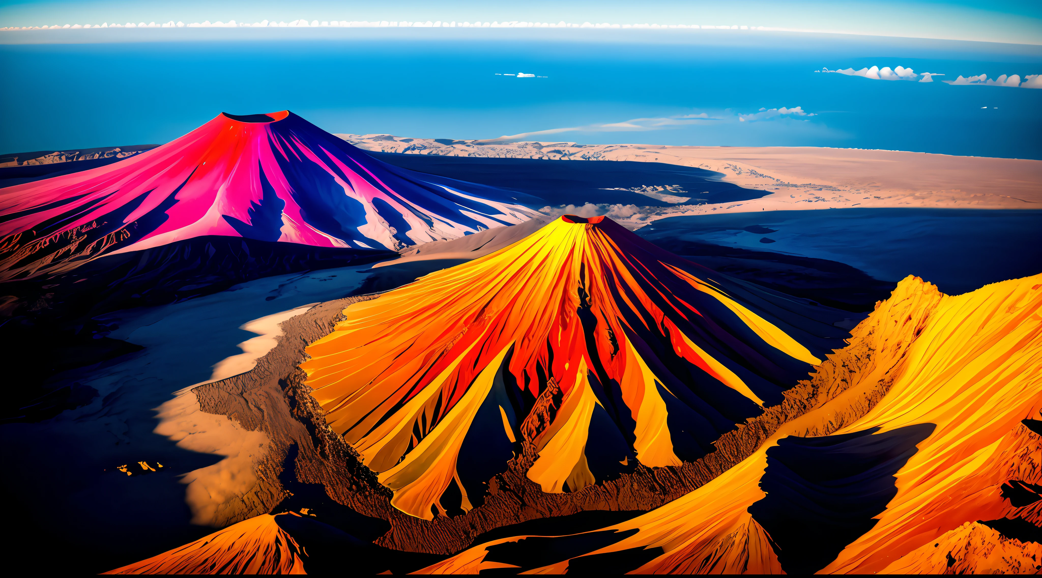 Realistic landscape, realistic colours, volcanoes, Etna,Stromboli, Mountainous land filled with incandescent lava),rios de lava, explosiones volcanicas, nubes de vapor, chorros de lava muchas salpicaduras , intrincada, obra maestra, experta, Incredibly detailed, compositing, encuadre, centrada, simetry, pintada, intrincada, volumetric illumination, hermosa, rica obra maestra de colores profundos, foco nítido, ultra detallado,16k