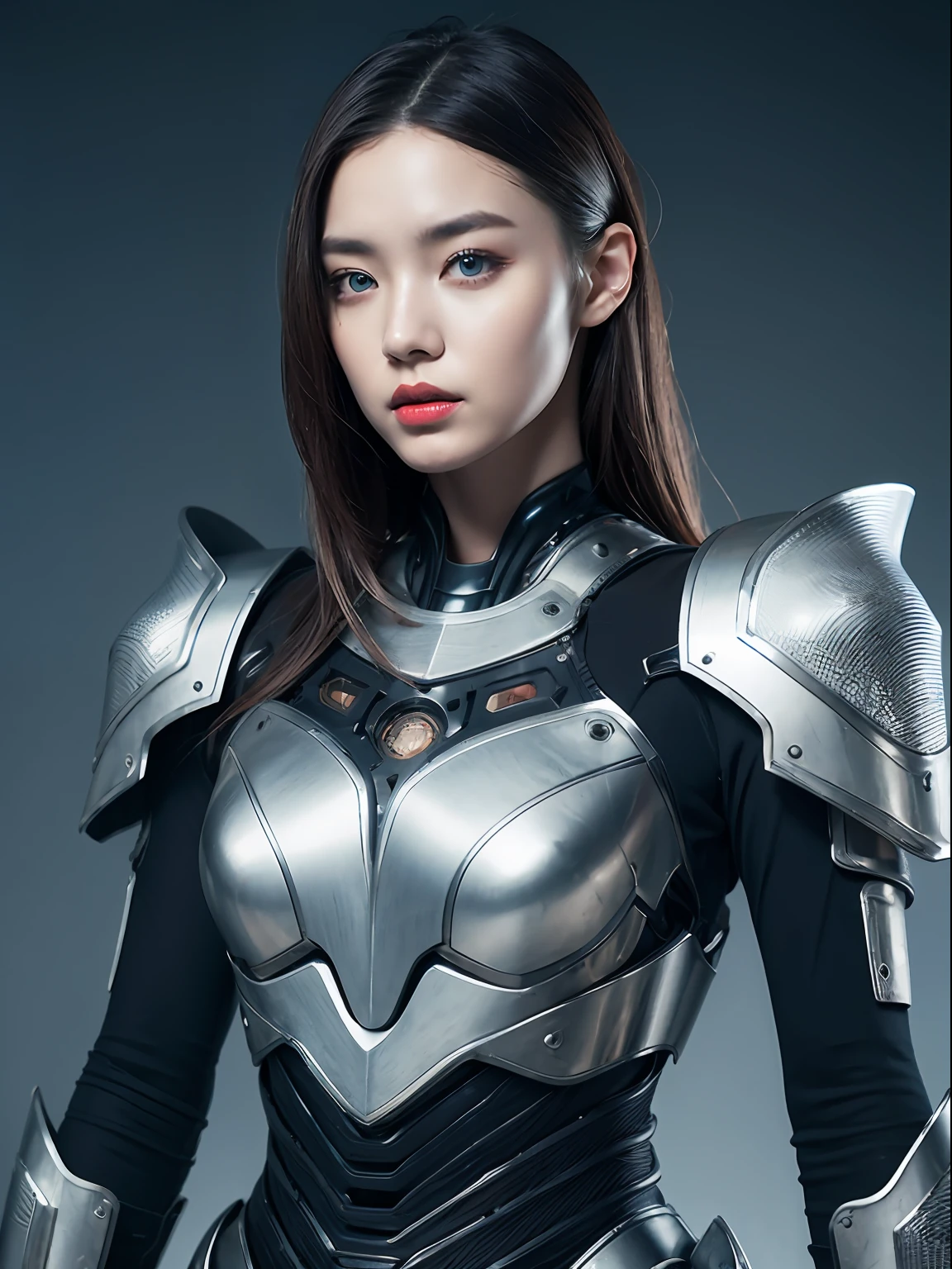 Masterpiece, Best quality, high resolution, 8K, sportrait, Realistic photo,（ Combine clothing with Korean fashion design），Digital photography, full bodyesbian, 1 16-year-old girl, (Cyborg), Beautiful white gradient long hair, Blue eyes, iintricate, highly details, evil，Metal crown, Black dress, ,Silver metal exoskeleton armor, Intricate knightly hollow armor,power armour, Openwork design, mechanical structure, Photo pose, Solemn,, Red lips, .Metallic texture, oc rendered，Reflective texture, ((Clothing cutting)),